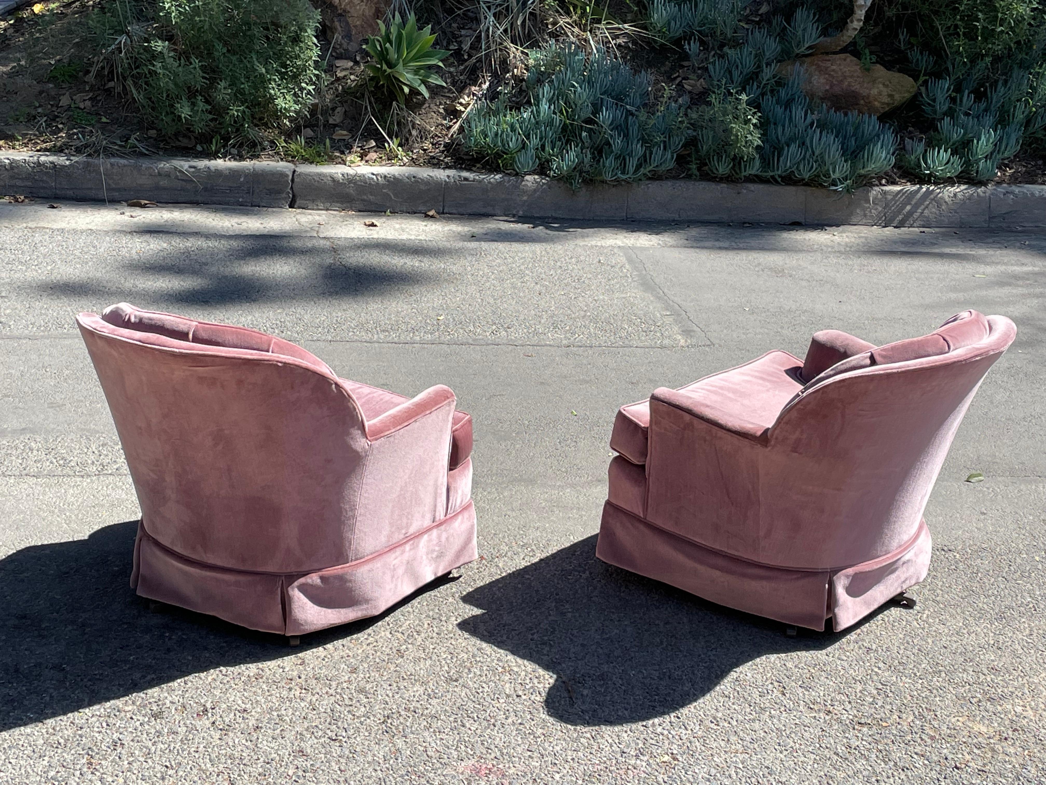 American Mid-Century Pink Crushed Velvet Swivel Chairs , circa 1960s