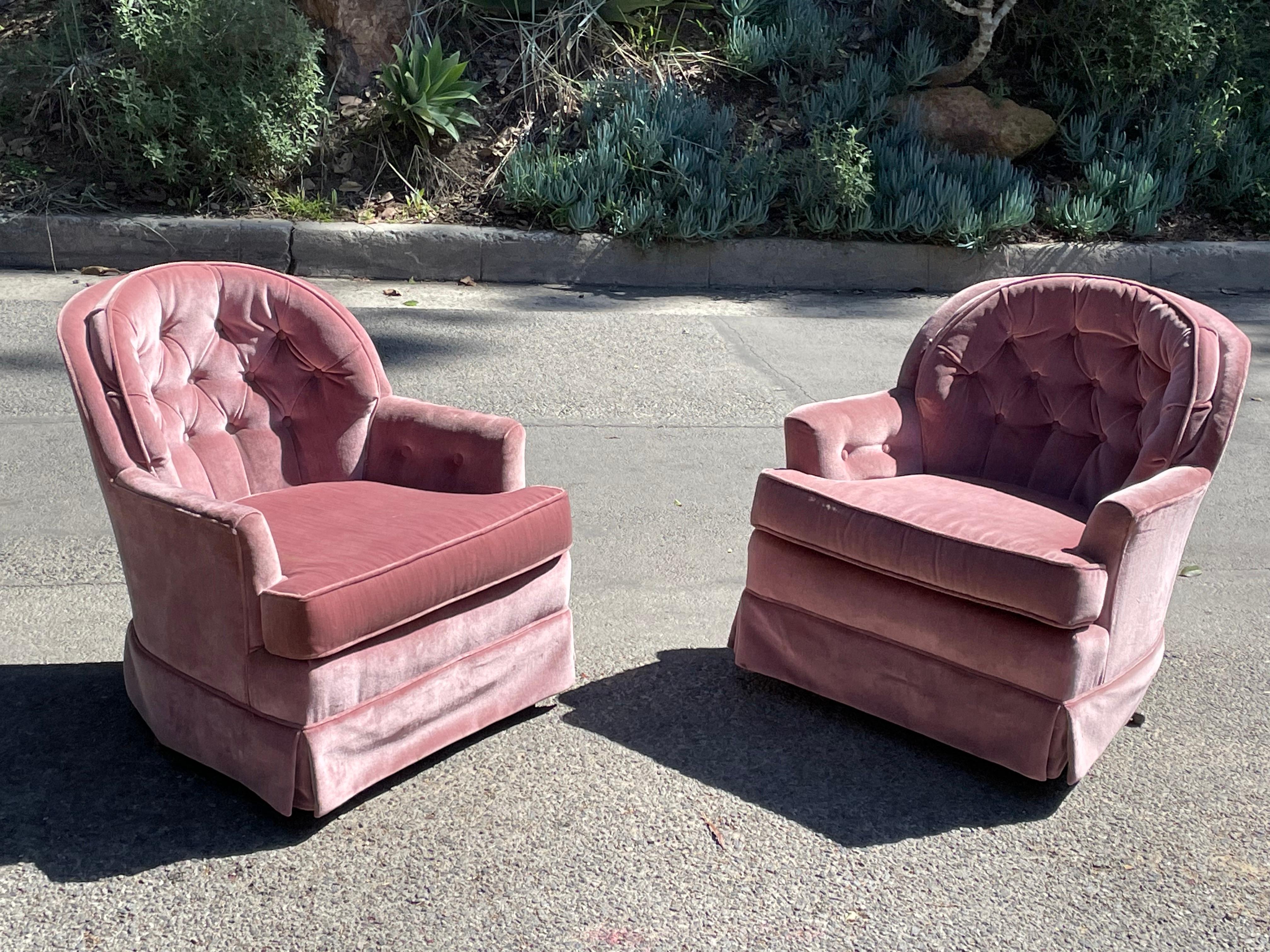 Mid-Century Pink Crushed Velvet Swivel Chairs , circa 1960s In Good Condition In Los Angeles, CA