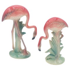 Mid-century Pink Drinking Flamingo Ceramic Tabletop Sculpture Set By Brad Keeler