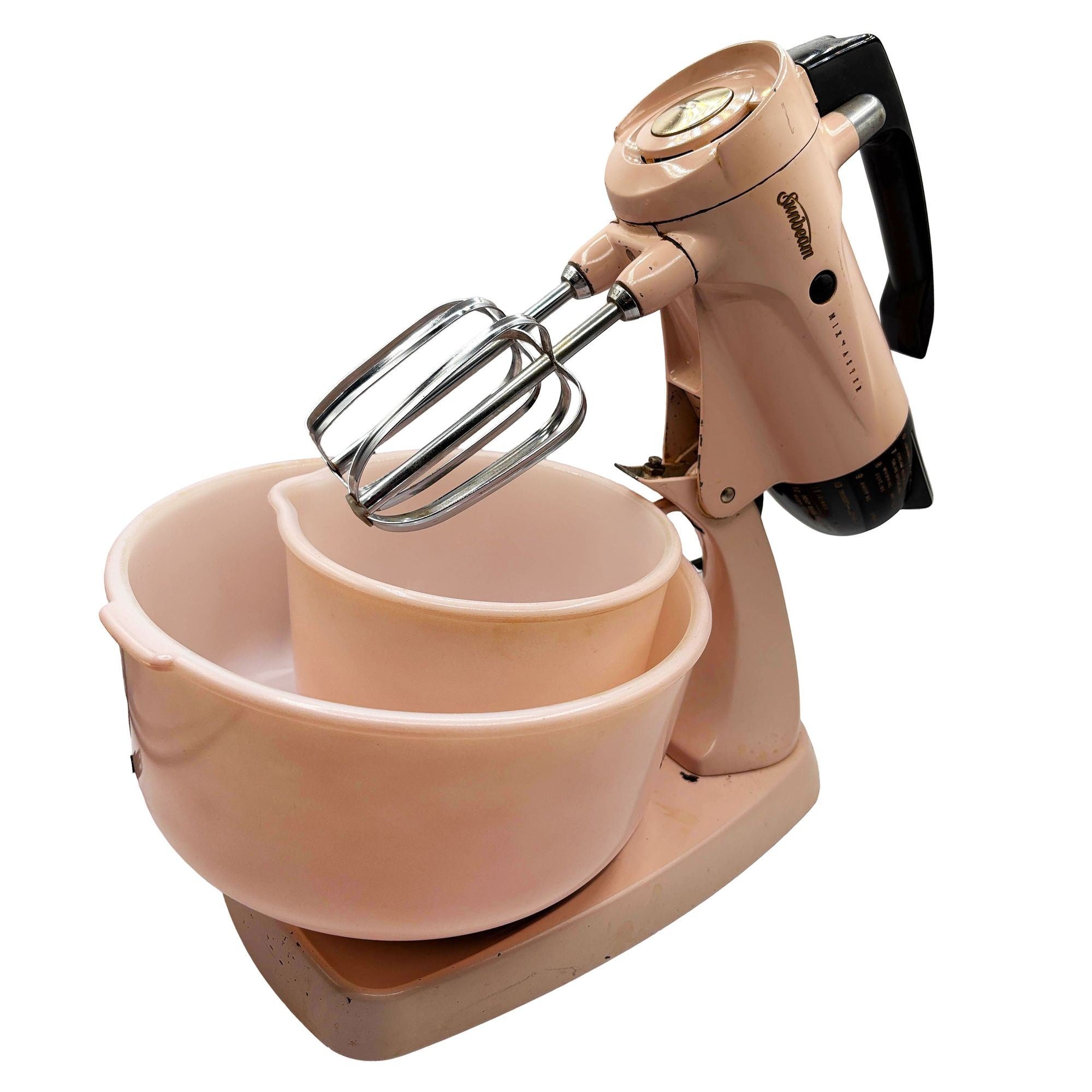 Mid-century Pink Enameled Model 12 Mixmaster Electric Mixer by Sunbeam w/ Bowls