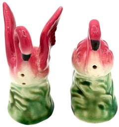 Mid-Century Pink Flamingo Ceramic Salt & Pepper Shaker Set, Lefton's Japan