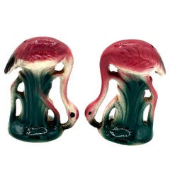 Mid-Century Pink Flamingo Ceramic Tabletop Matching Salt & Pepper Shaker Set