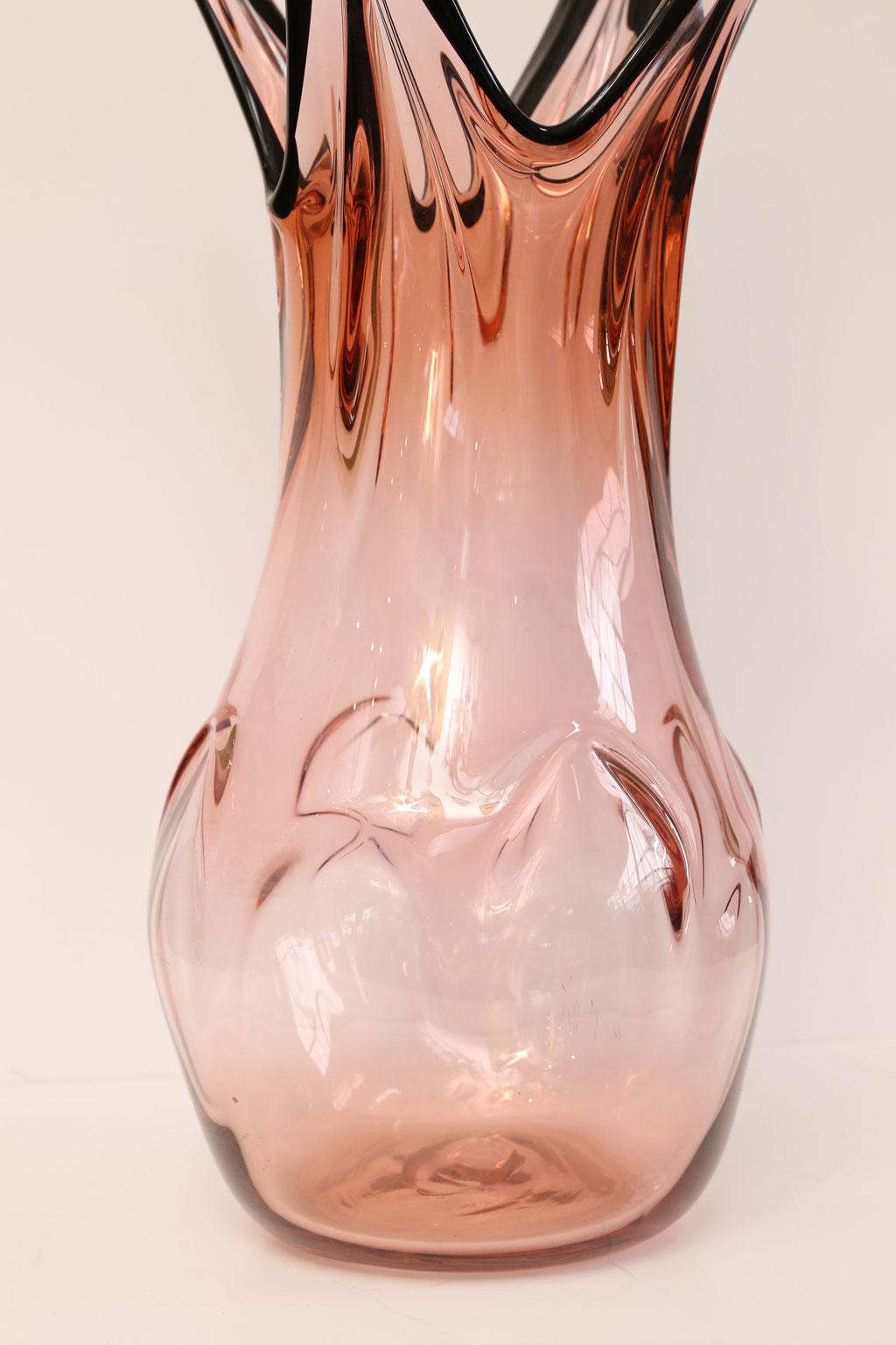 Midcentury pink glass vase with nice scale and simple, decorative shape.  Val St Lambert.

The vase is of very large and a striking size.