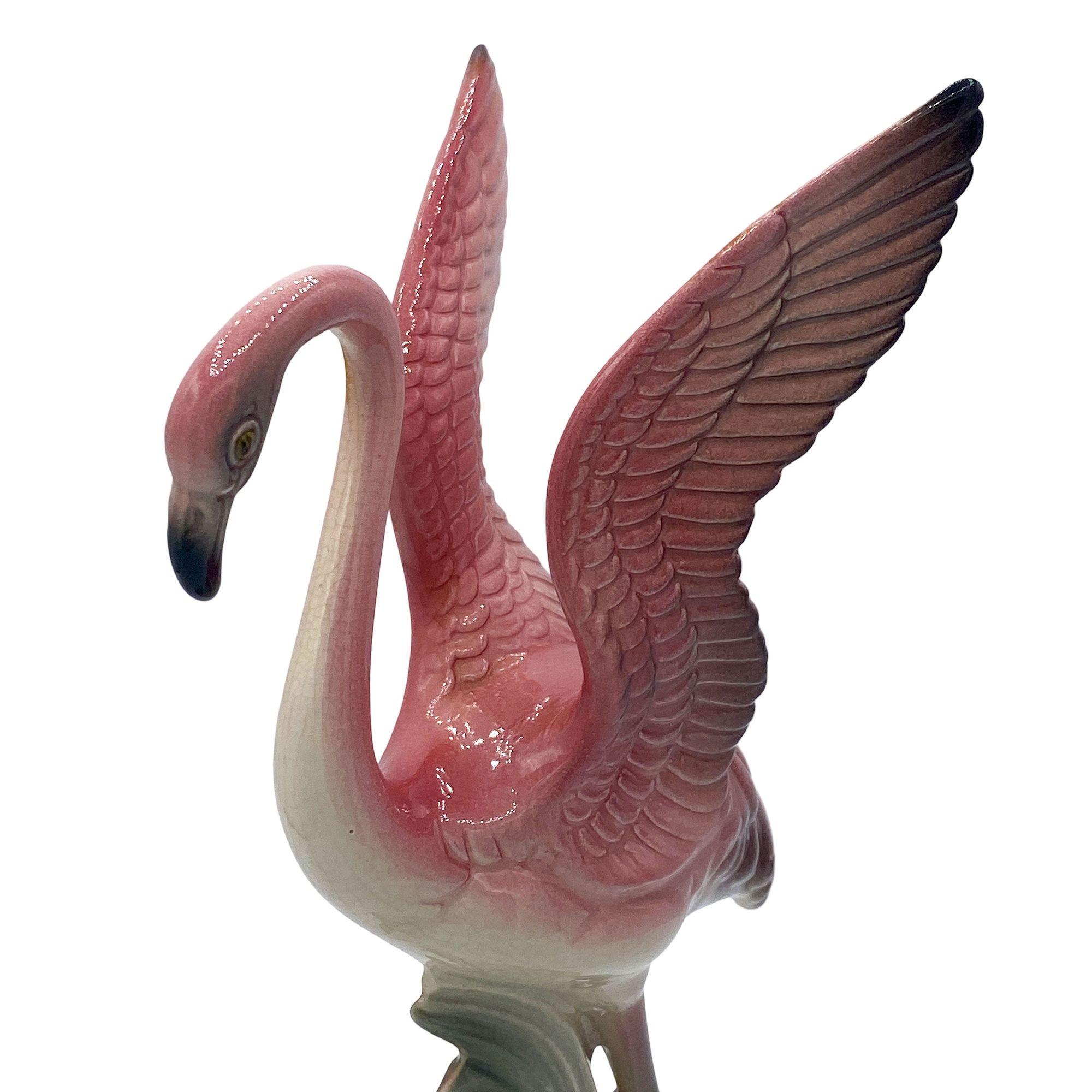 Mid-Century Modern Mid-century Pink & Green Flamingo Ceramic Tabletop Sculpture Pair By Brad Keeler For Sale