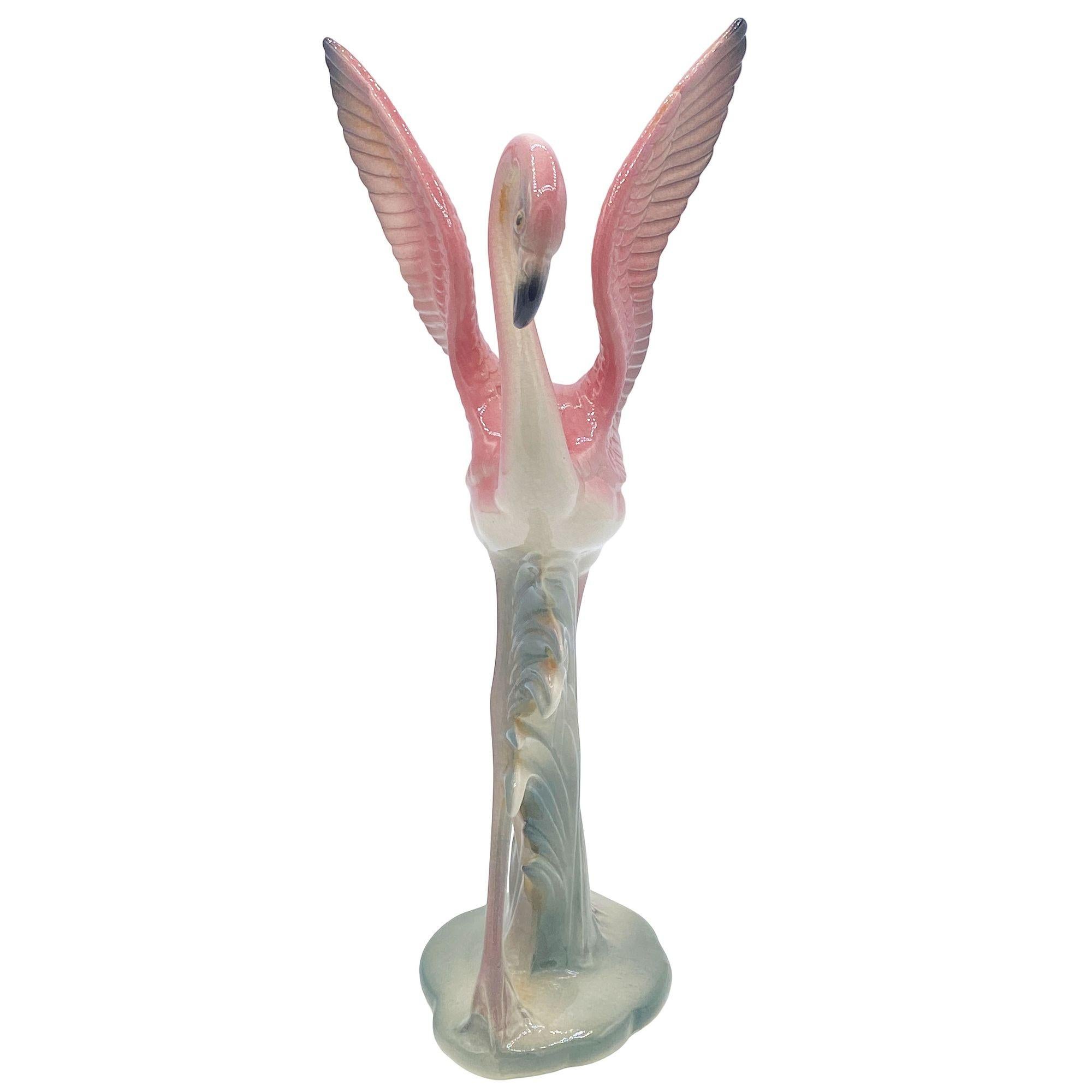 American Mid-century Pink & Green Flamingo Ceramic Tabletop Sculpture Pair By Brad Keeler For Sale