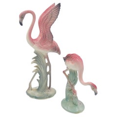 Mid-century Pink & Green Flamingo Ceramic Tabletop Sculpture Pair By Brad Keeler
