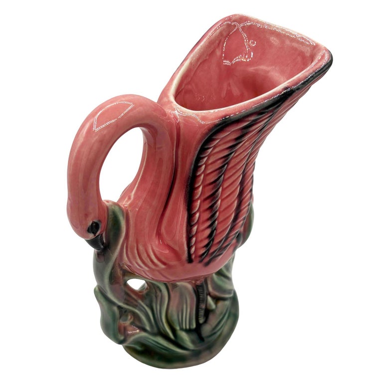 Mid-century Pink and Green Flamingo Tropical Water Pitcher by