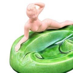 Mid-century Pink & Green Nude Lounging Female Ceramic Ashtray Ceramic Ashtray