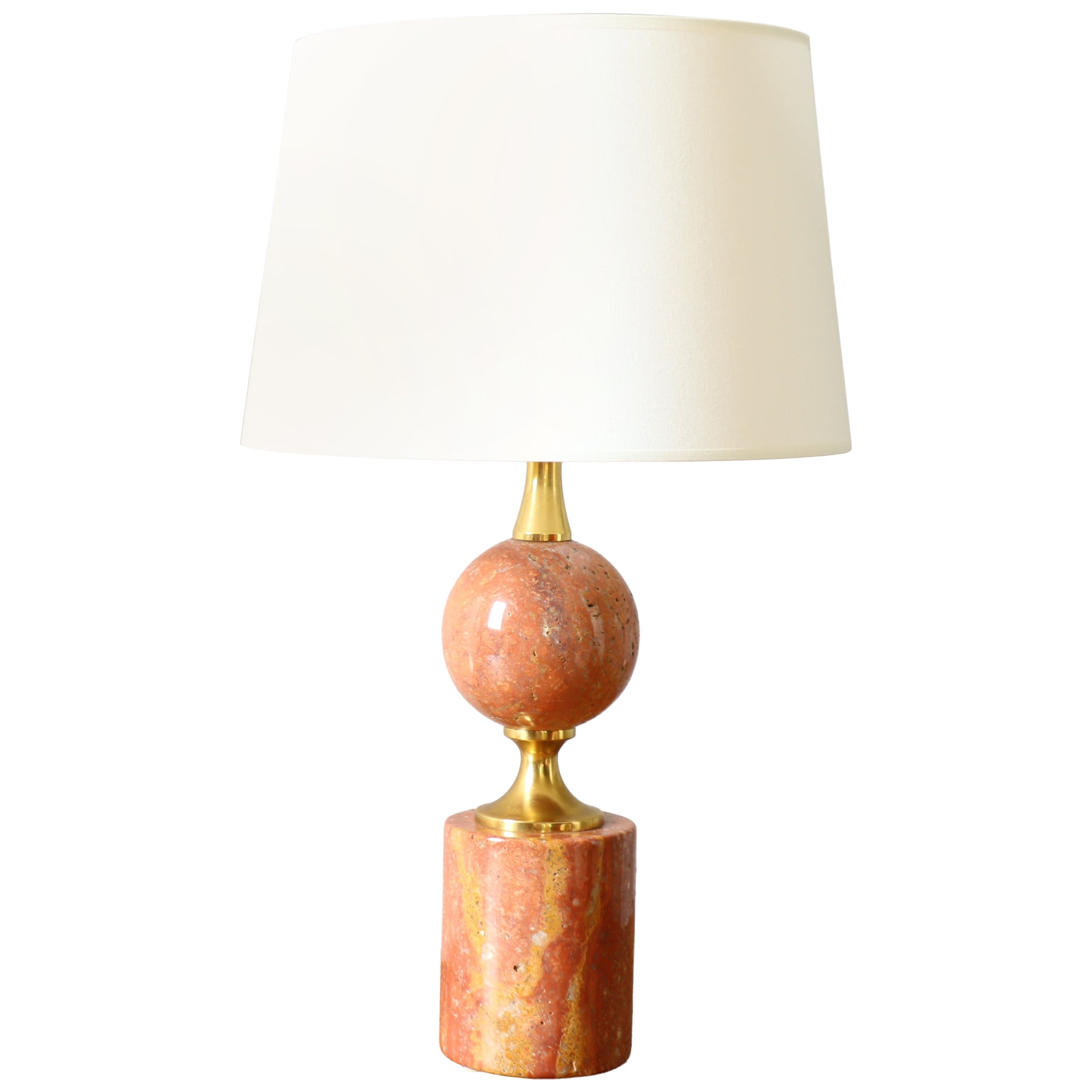 Mid-Century Pink Marble and Brass Table Lamp by Maison Barbier, France, 1970s For Sale