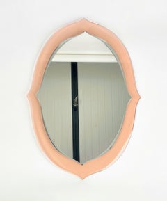 Mid Century Pink Peach Glass Wall Mirror, in the style of Cristal Art Italy 1960s