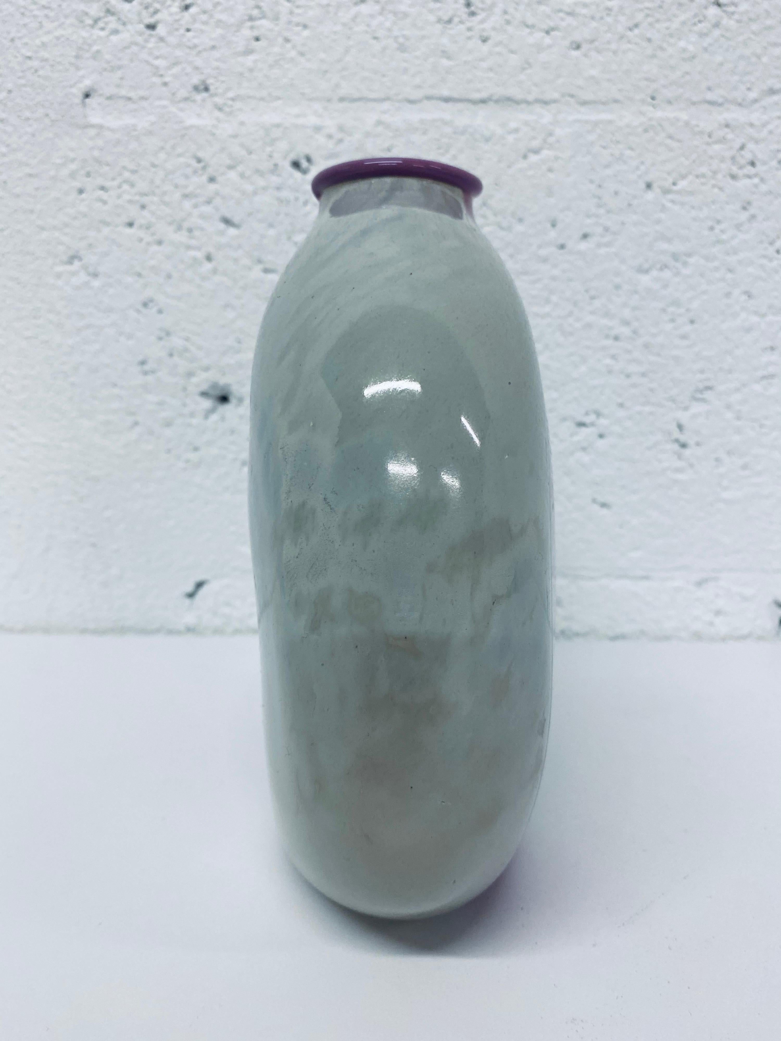 Post-Modern Midcentury Pink Stipe and Milky White Glass Vase