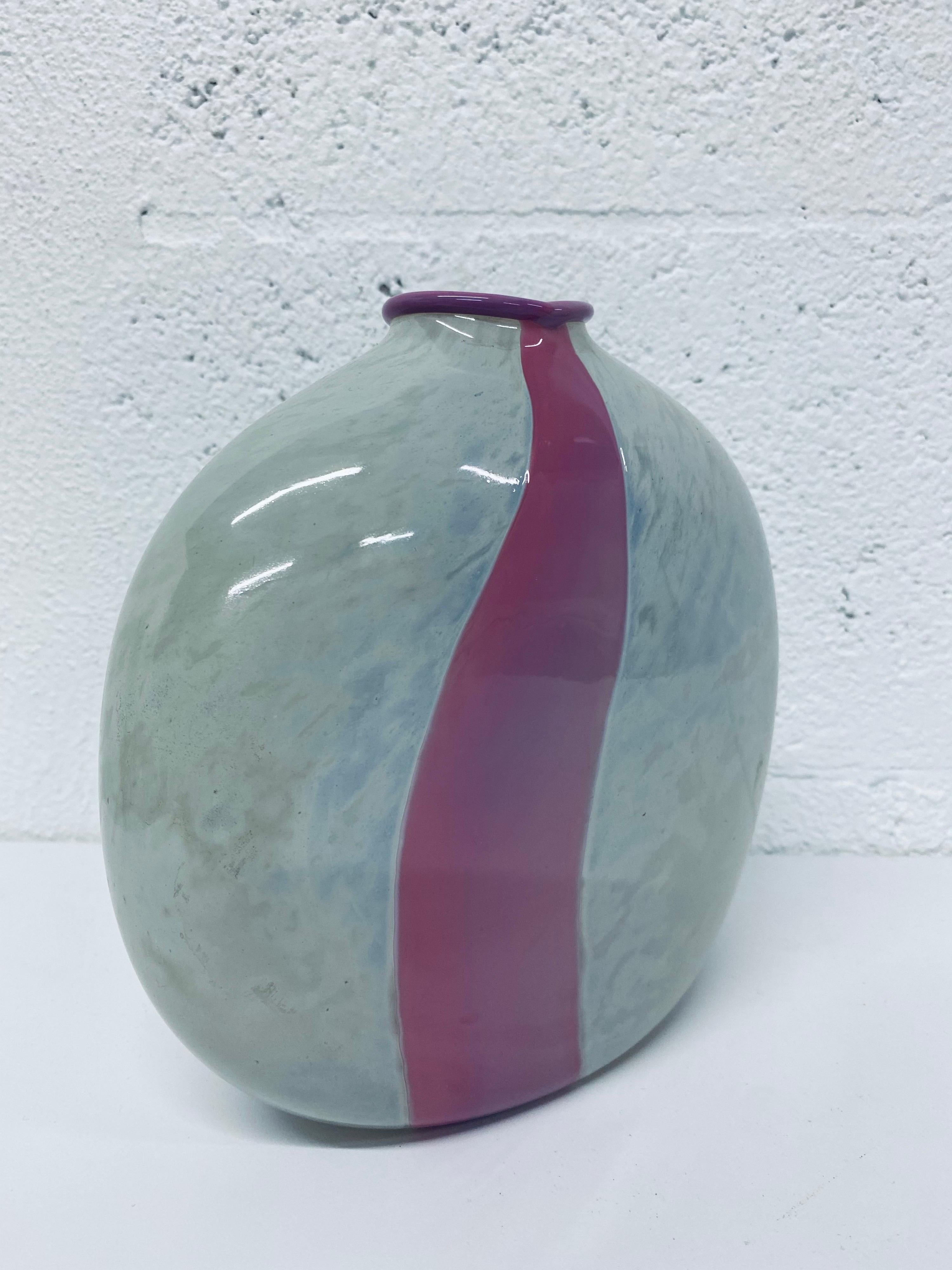 Art Glass Midcentury Pink Stipe and Milky White Glass Vase