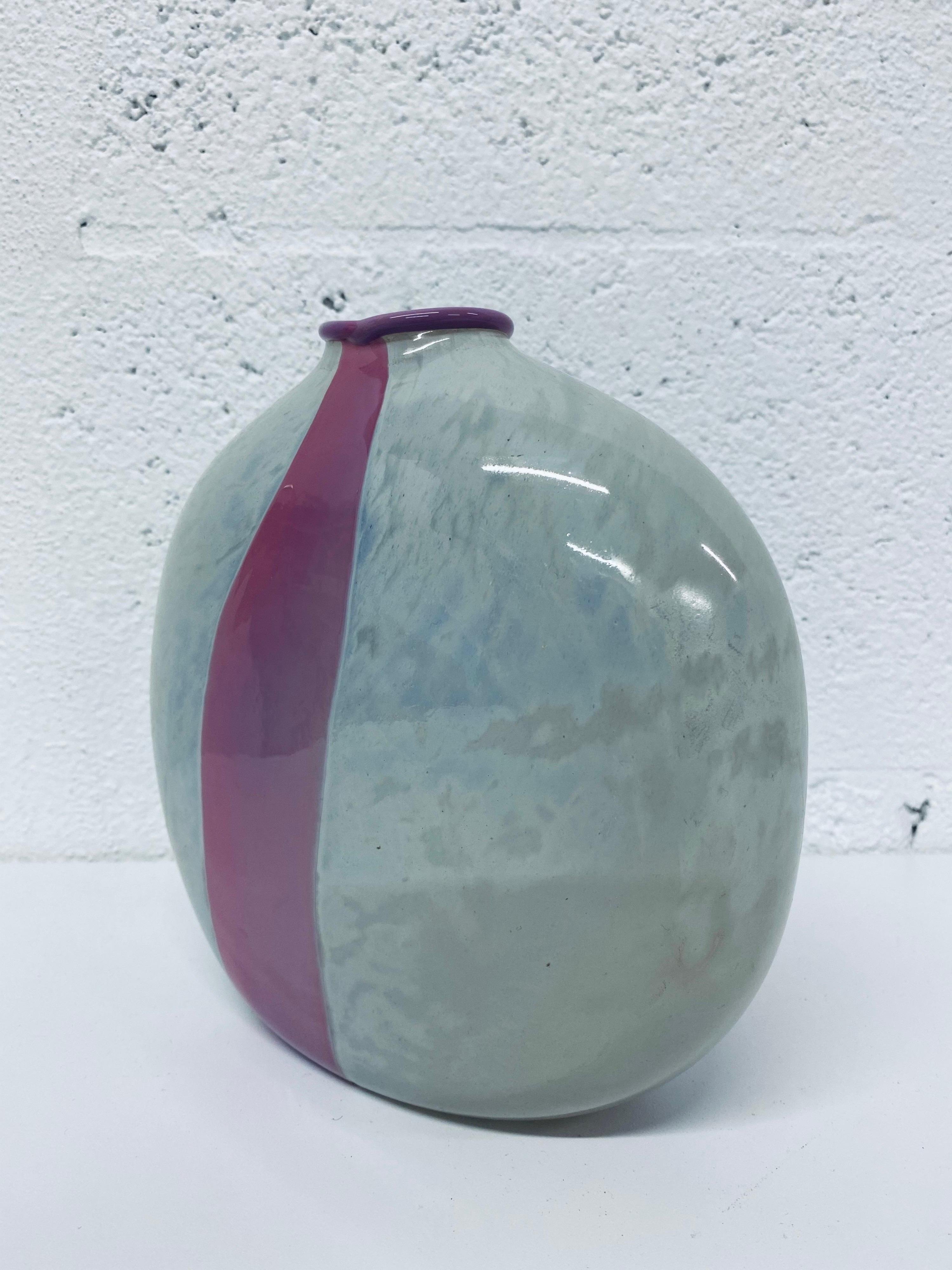 Midcentury Pink Stipe and Milky White Glass Vase 2