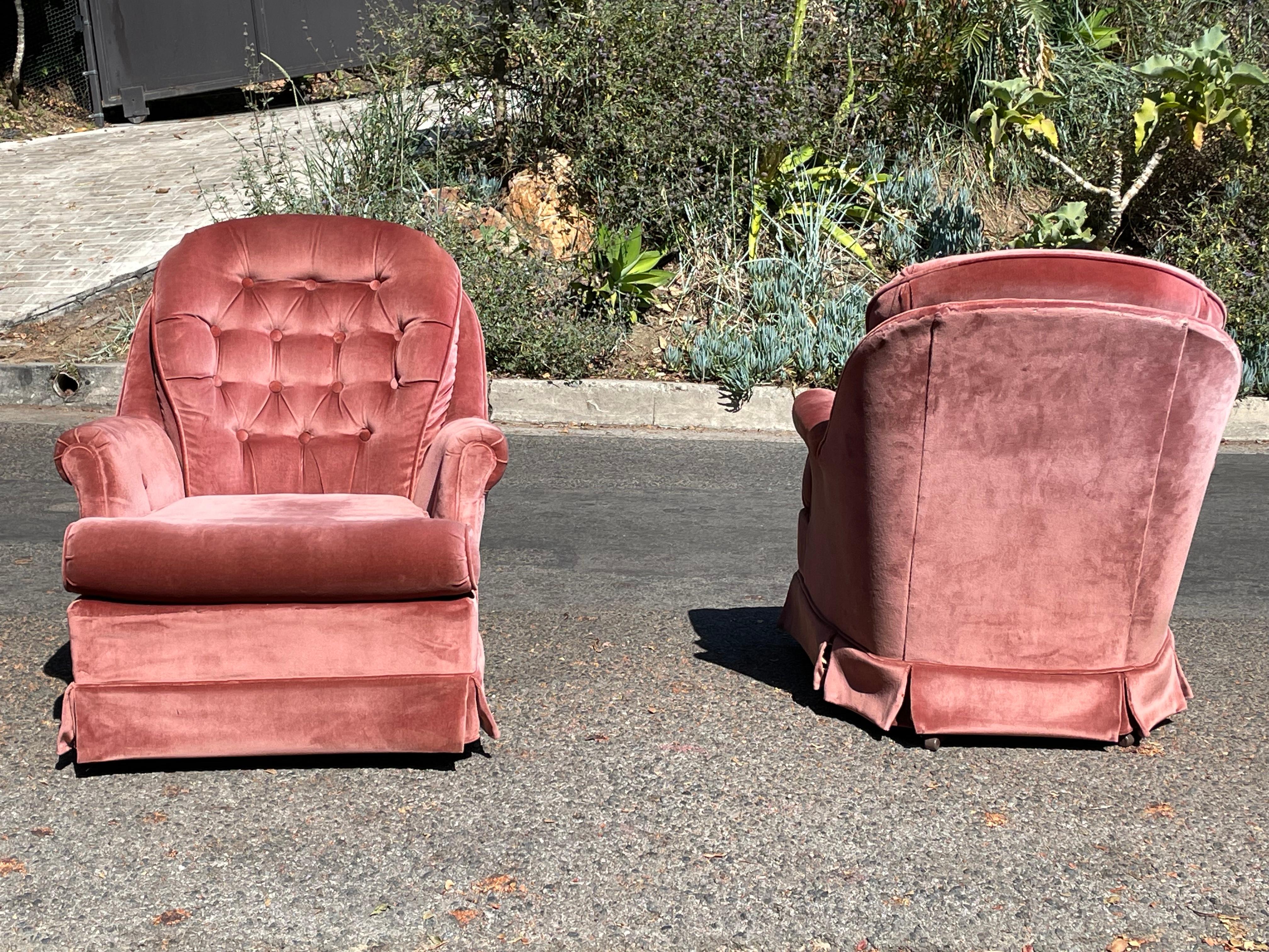 Mid-Century Pink Velvet Swivel Chairs, circa 1960s 2