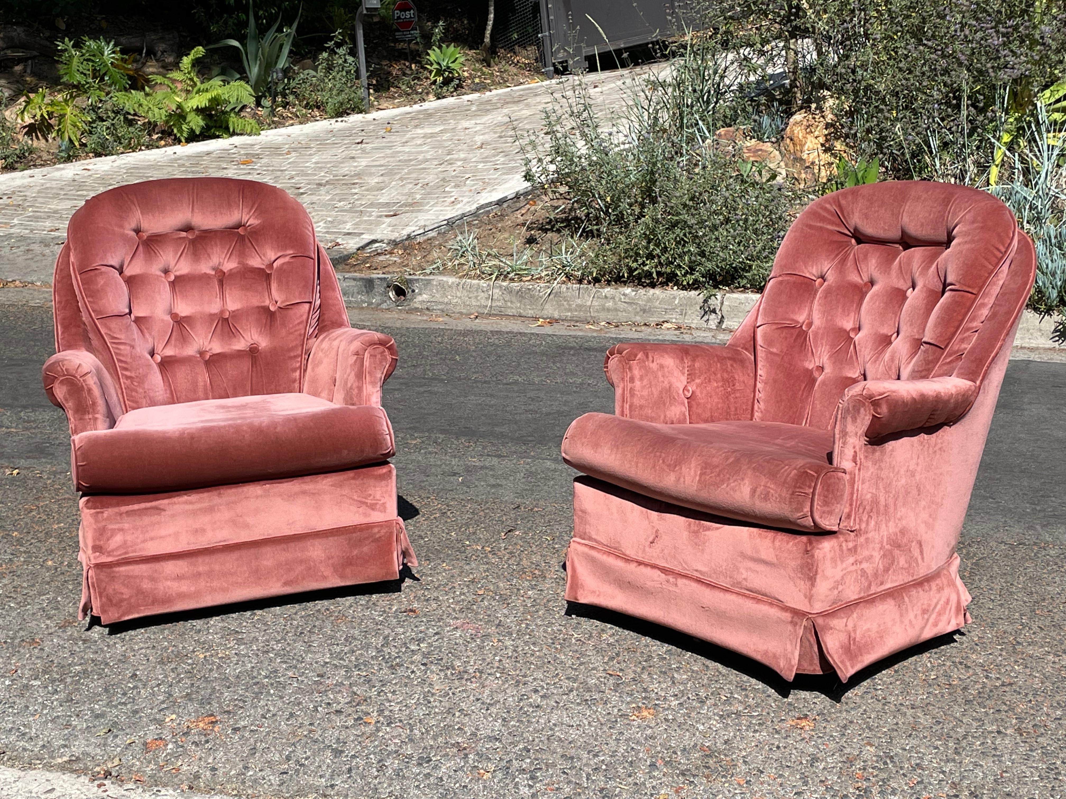 Mid-Century Pink Velvet Swivel Chairs, circa 1960s 3