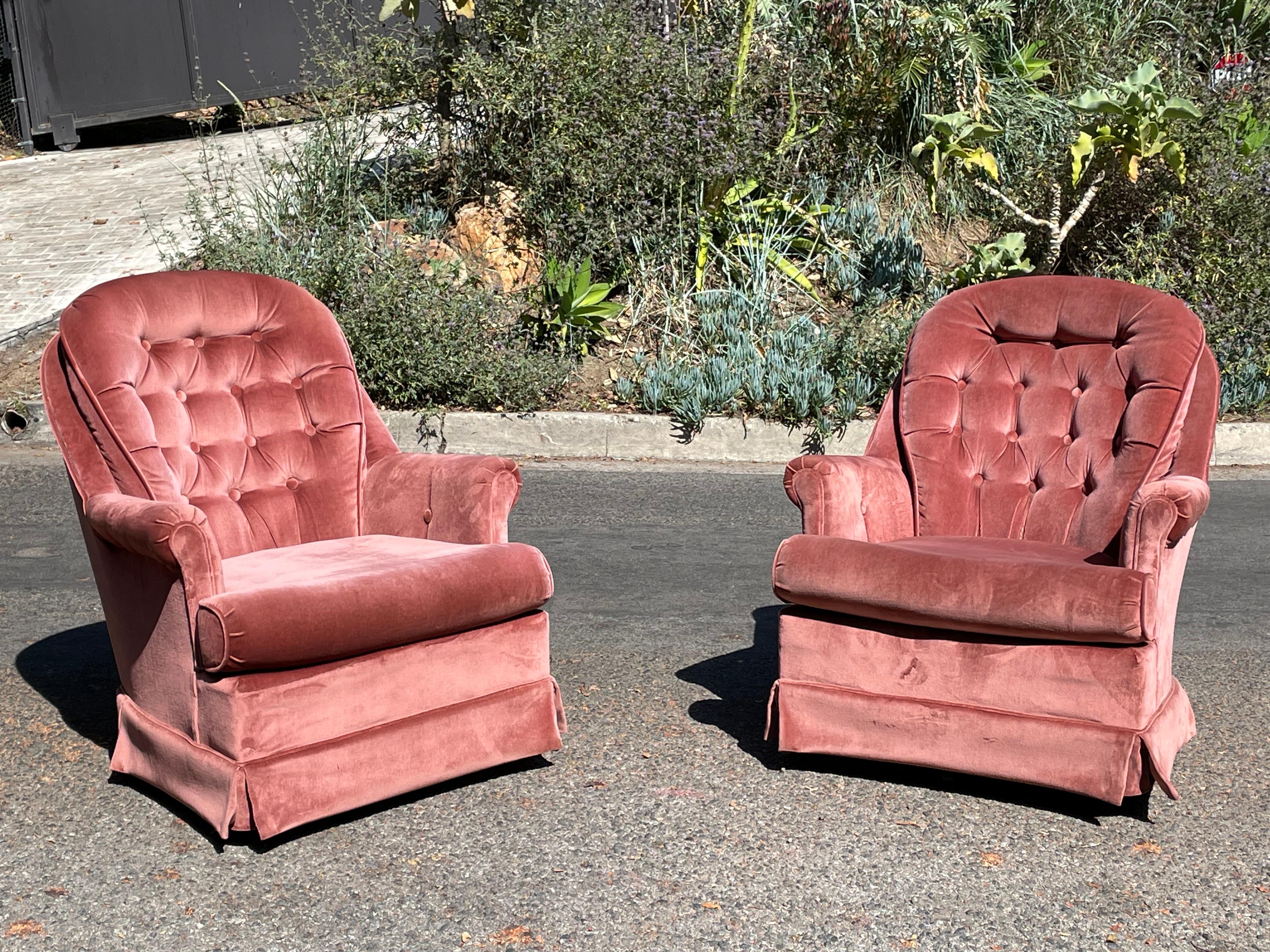 Mid-Century Pink Velvet Swivel Chairs, circa 1960s 5