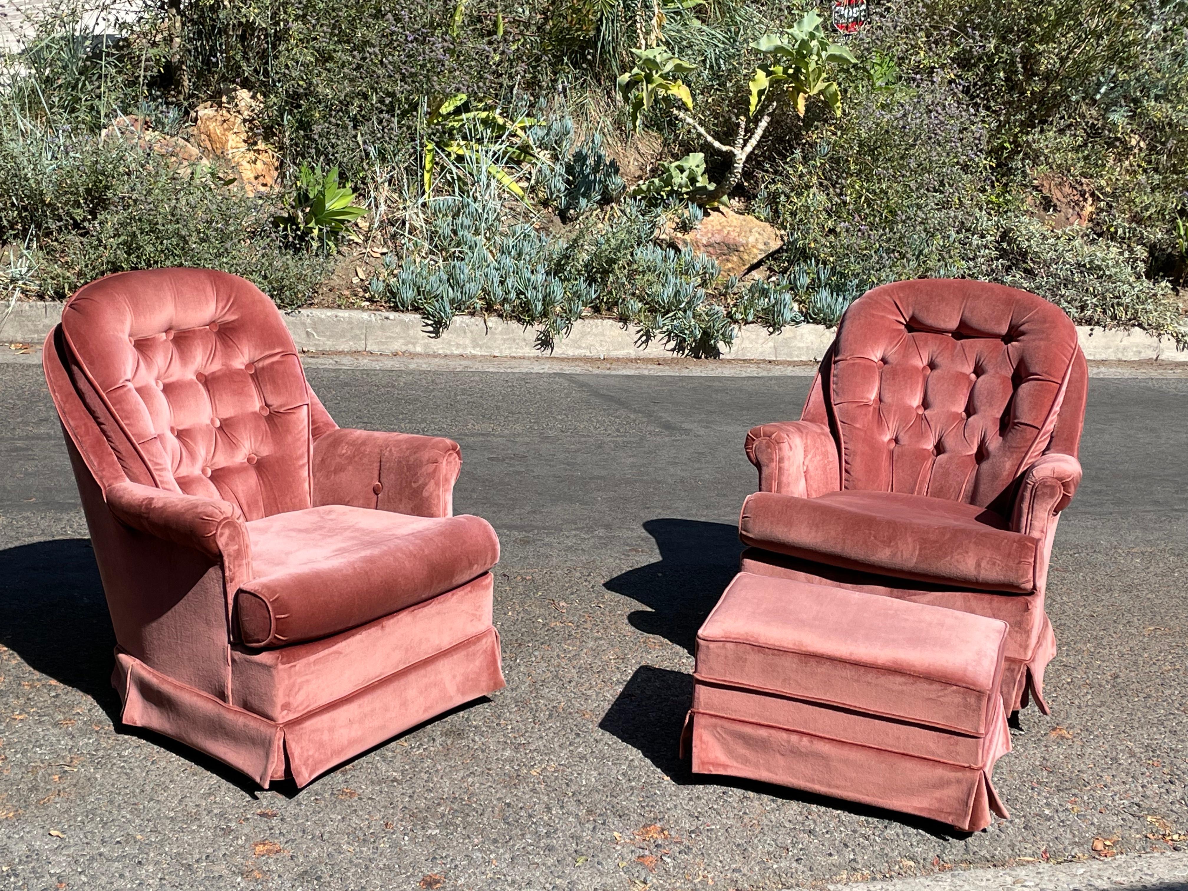 Mid-Century Pink Velvet Swivel Chairs, circa 1960s 6