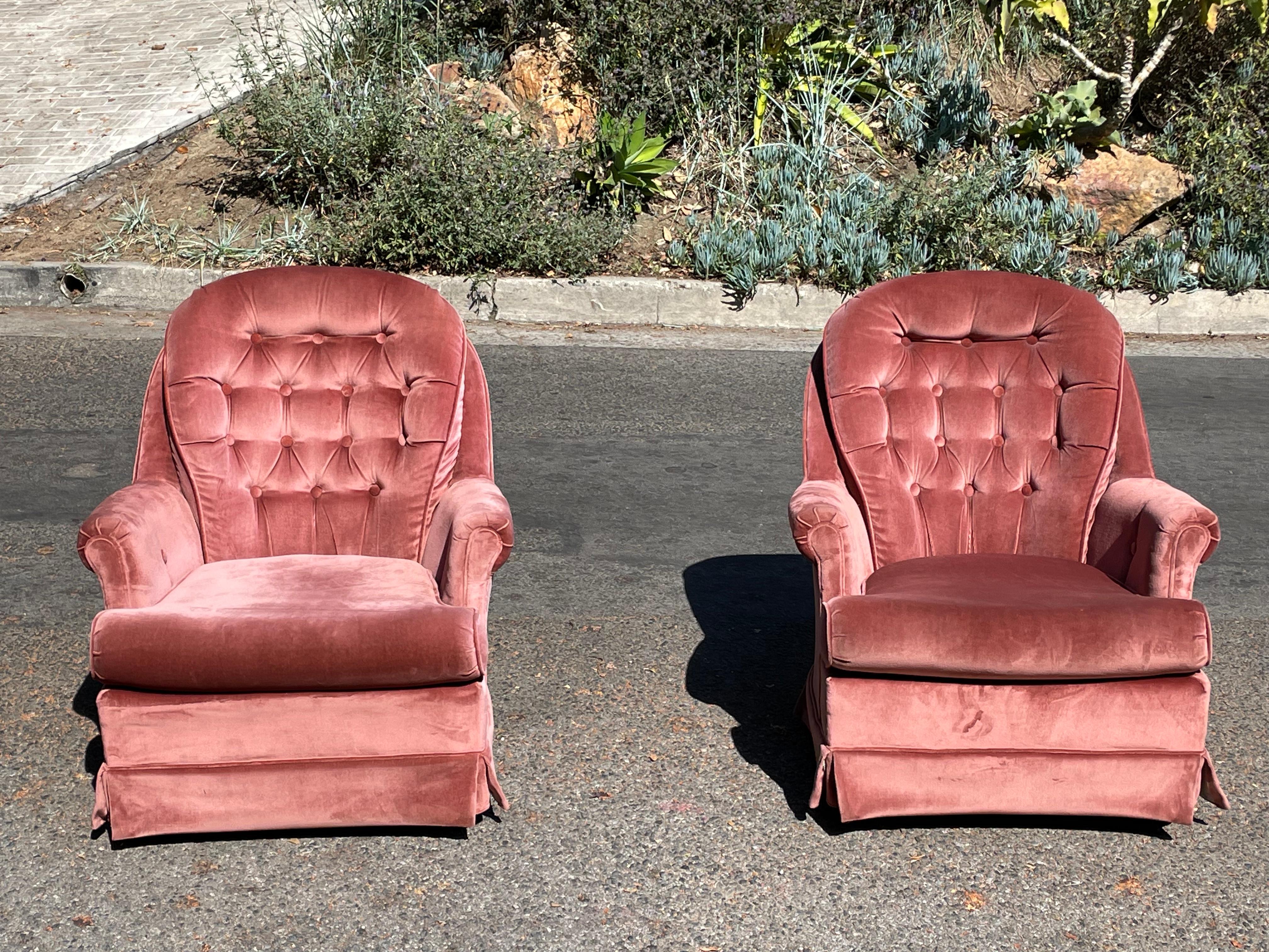 Pair of vintage 1960s classic pink swivel chairs. Gorgeous original velvet. The swivel and rock. Very comfortable.

Glamorous. Original fabric is in excellent condition. They are in near mint condition. Absolutely amazing.

Also includes one