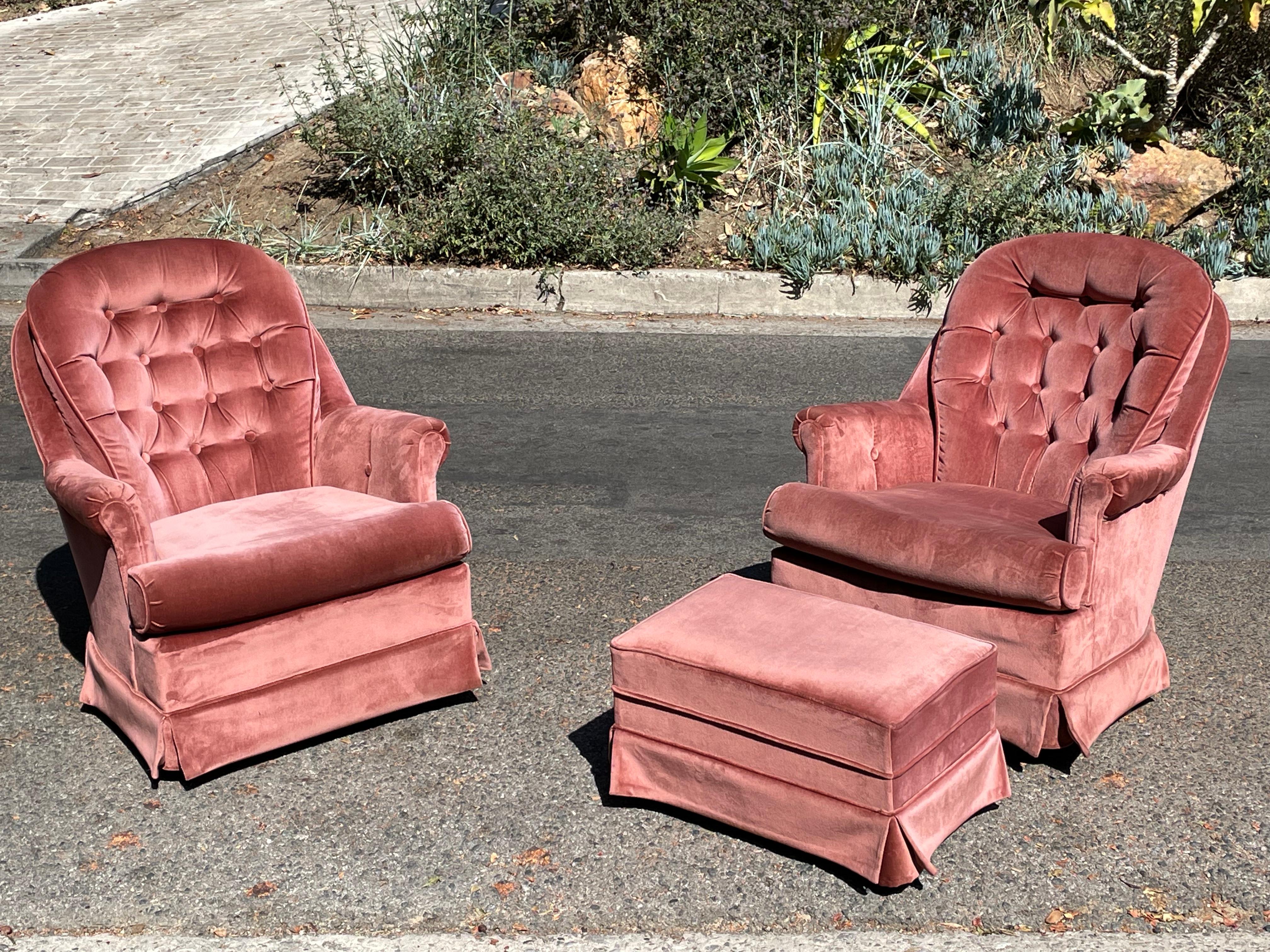 American Mid-Century Pink Velvet Swivel Chairs, circa 1960s