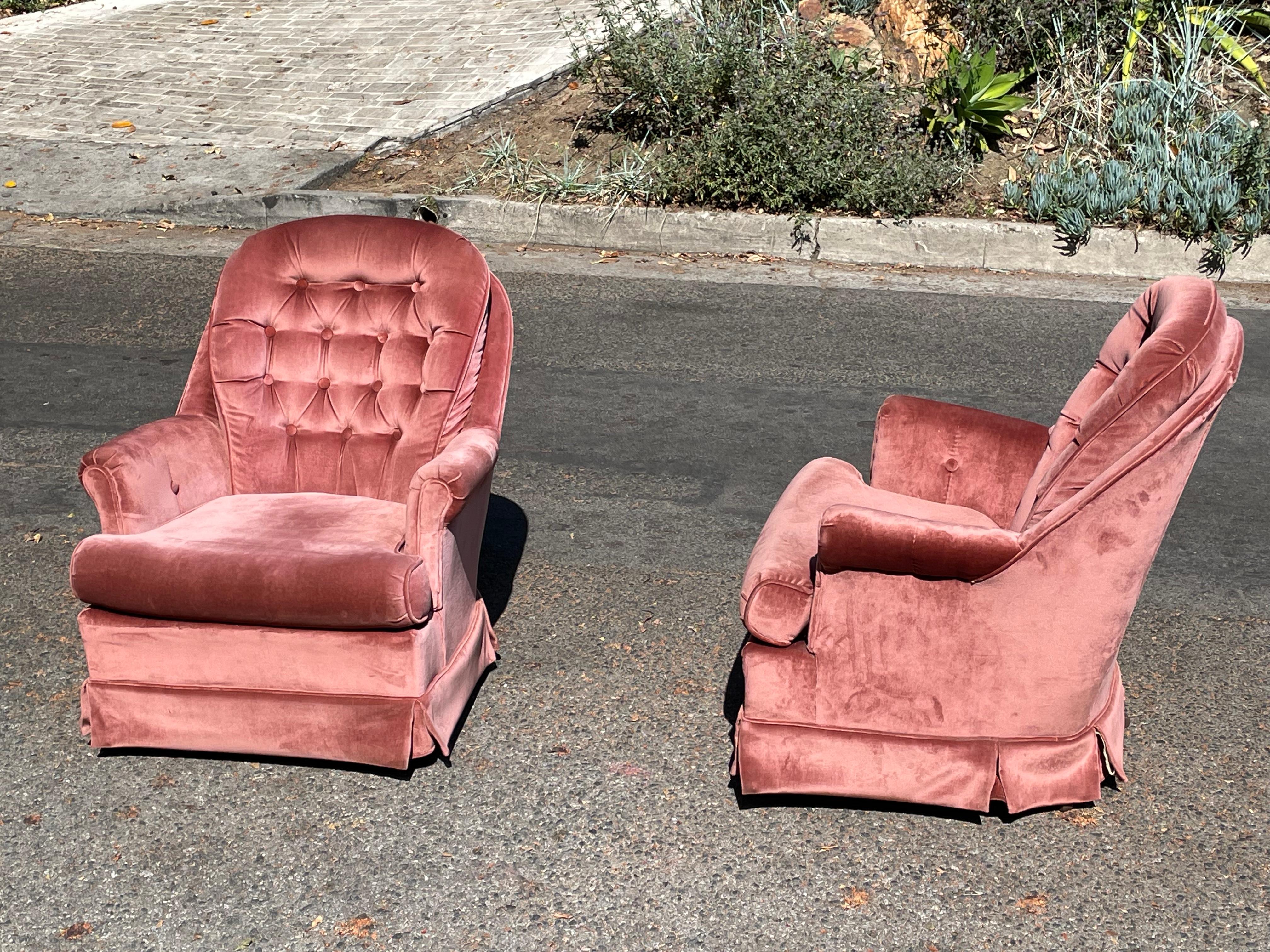 Mid-Century Pink Velvet Swivel Chairs, circa 1960s 1