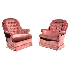 Mid-Century Pink Velvet Swivel Chairs, circa 1960s