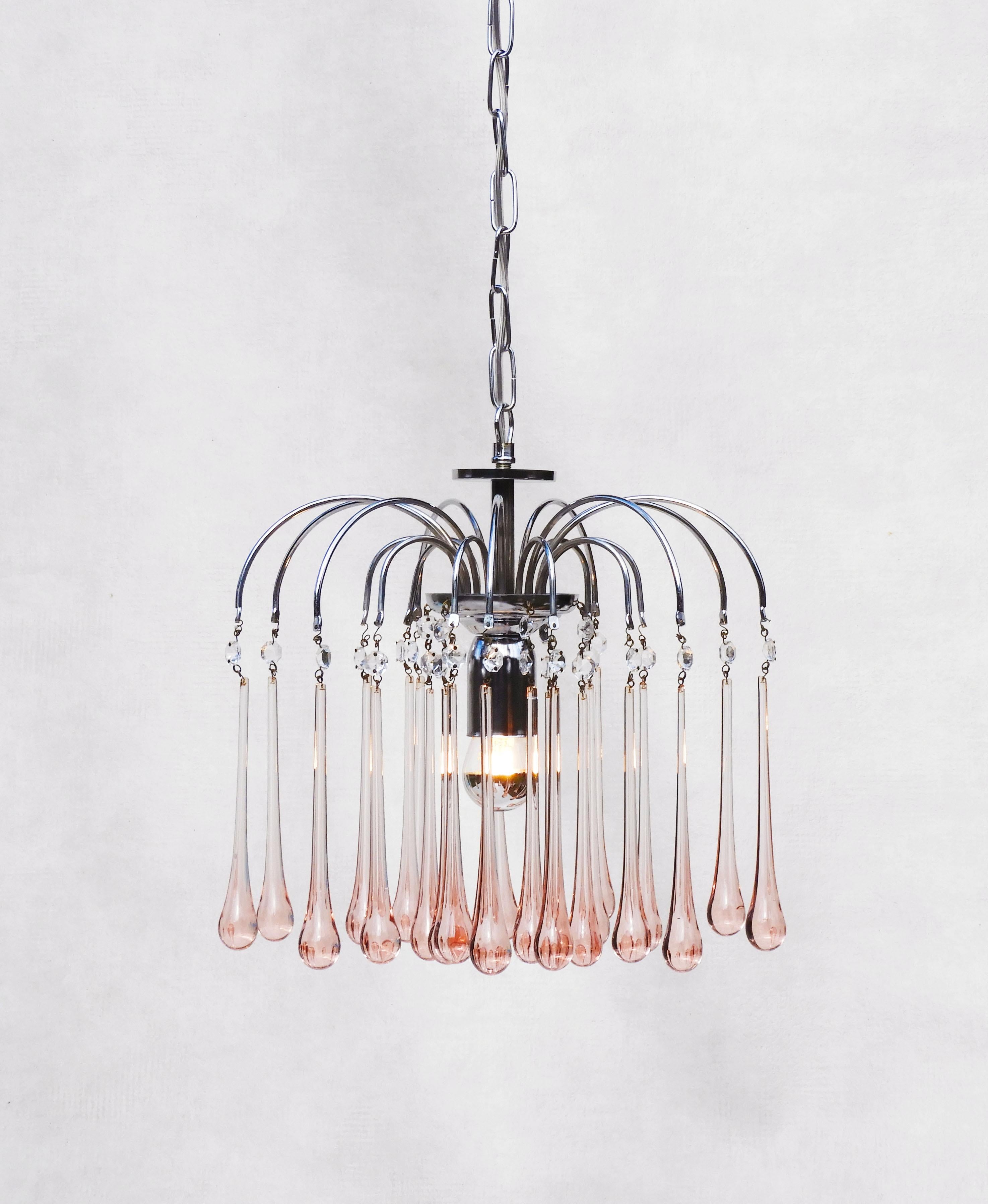 Mid-Century Modern Mid-Century Pink Venini Style Murano Glass Chandelier Pendant Light, C1960