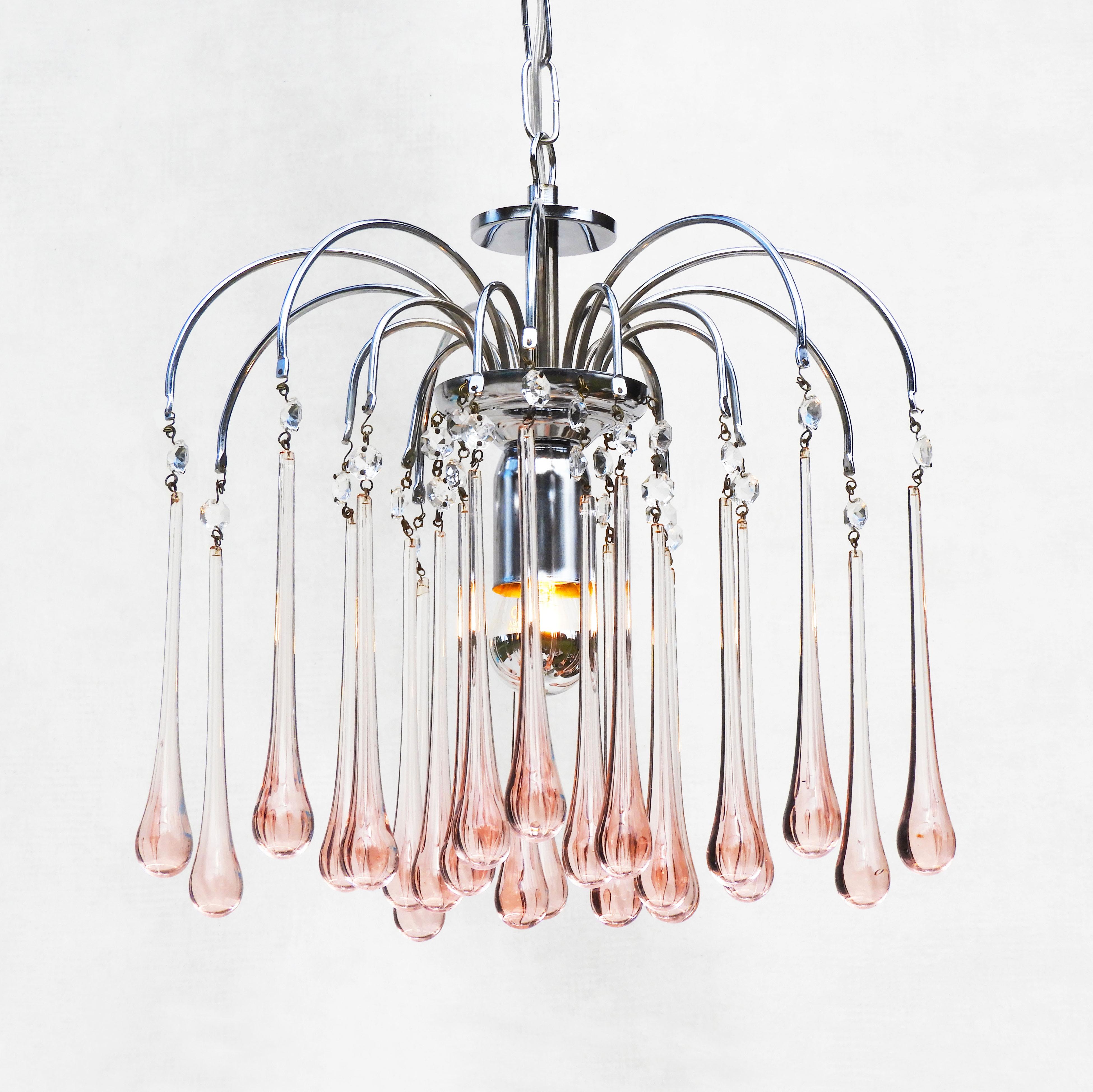 Italian Mid-Century Pink Venini Style Murano Glass Chandelier Pendant Light, C1960