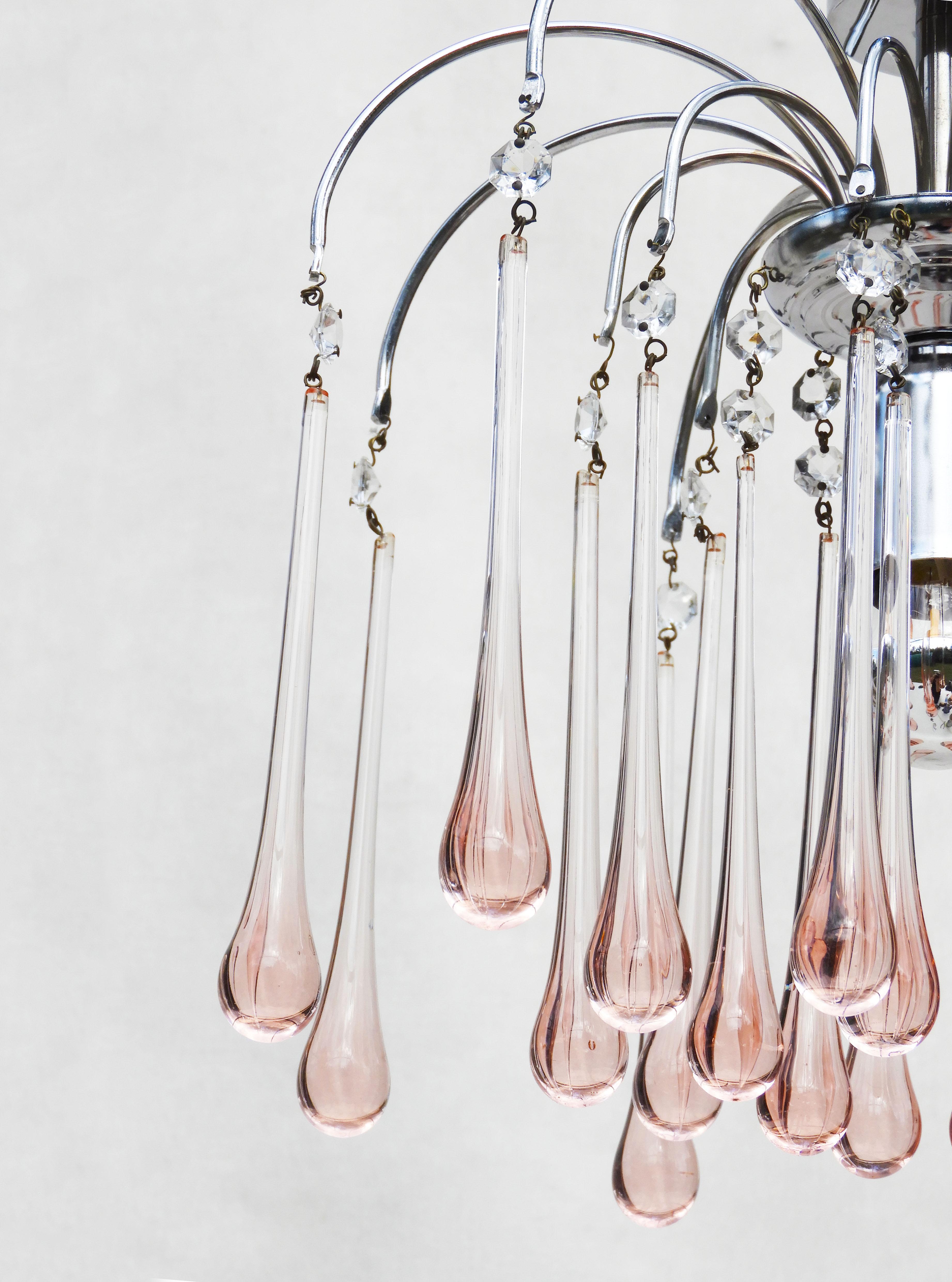 Mid-Century Pink Venini Style Murano Glass Chandelier Pendant Light, C1960 In Good Condition In Trensacq, FR