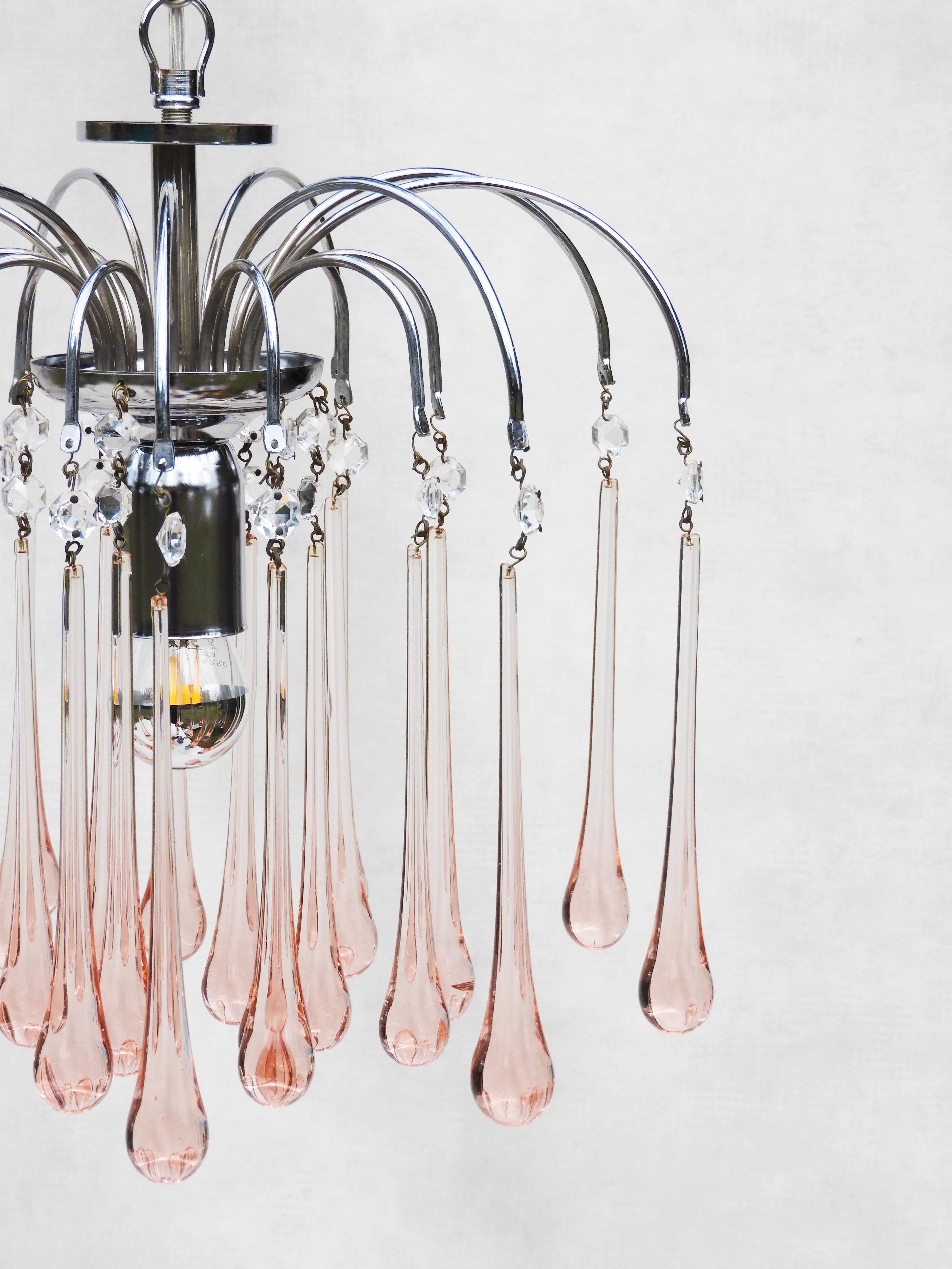 Mid-Century Pink Venini Style Murano Glass Chandelier Pendant Light, C1960 1
