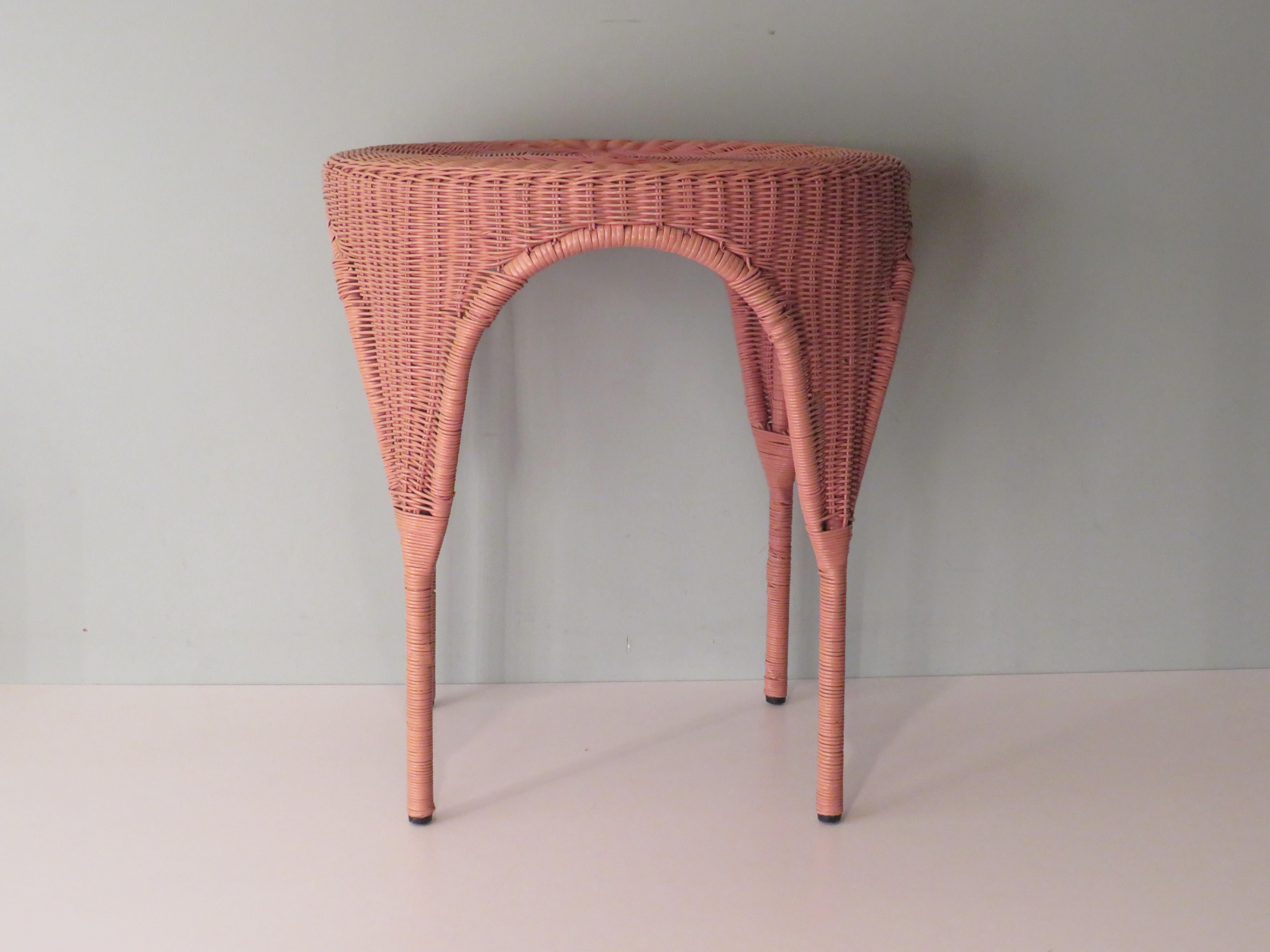 Bohemian Mid-Century Pink Wicker, Rattan Coffee or Side Table For Sale