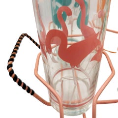 Mid-Century Pink Wire Frame Drinks Tray w/ Six Highball Flamingo Glasses