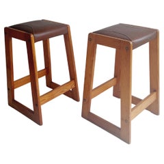 Retro Mid Century Pitch Pine and leatherete bar stools 50s Set of 2