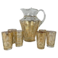 Mid-Century Pitcher Set with Gold Lines / Pitcher & 6 Cocktail Glasses