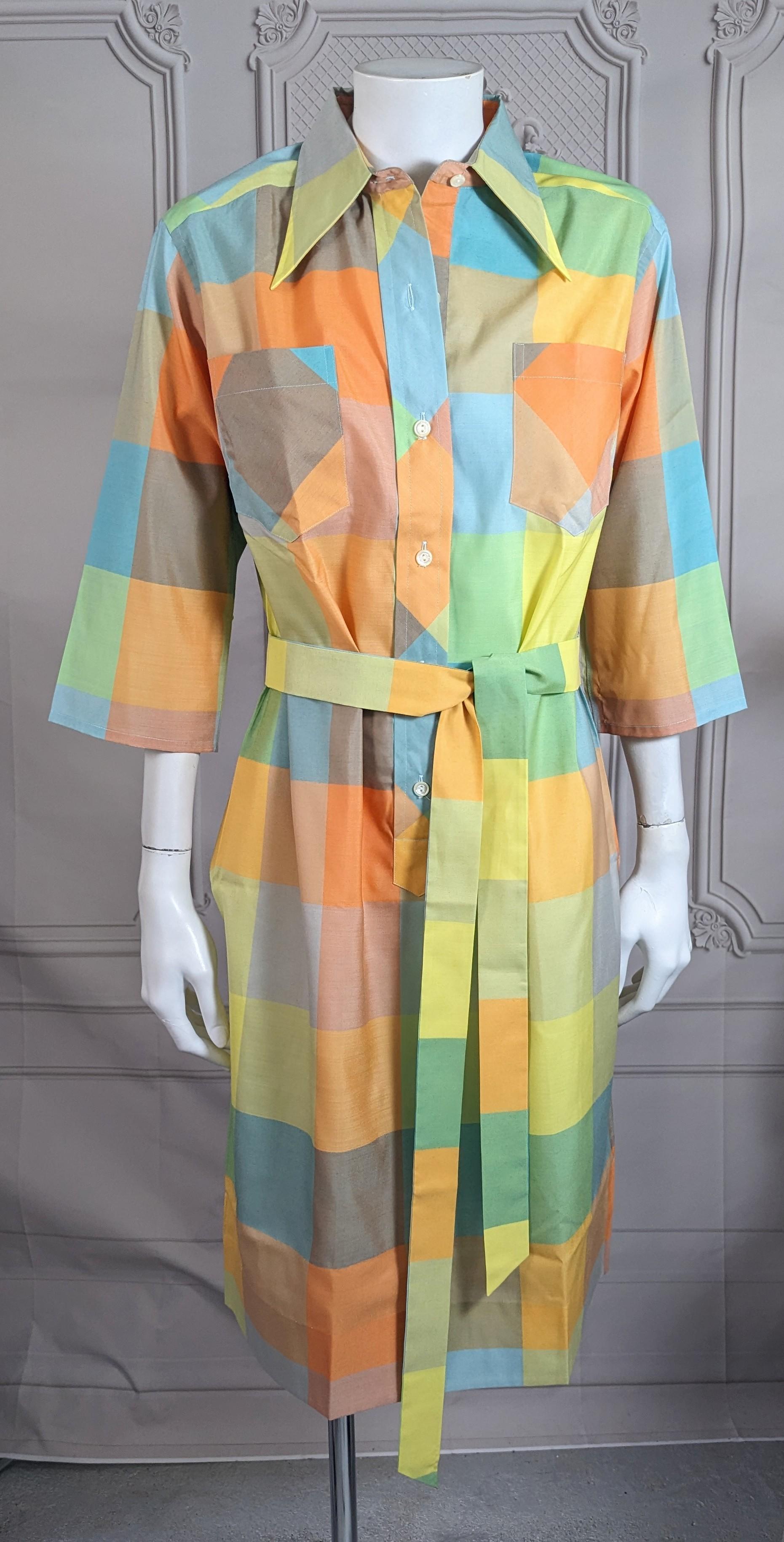 Mid Century Silk Broadcloth Shirtwaist Dress from the 1960's. Silk Plaid shirtwaist design with 3/4 sleeves and self tie belt. Retailed in Japan, never worn. 1960's Japan. 