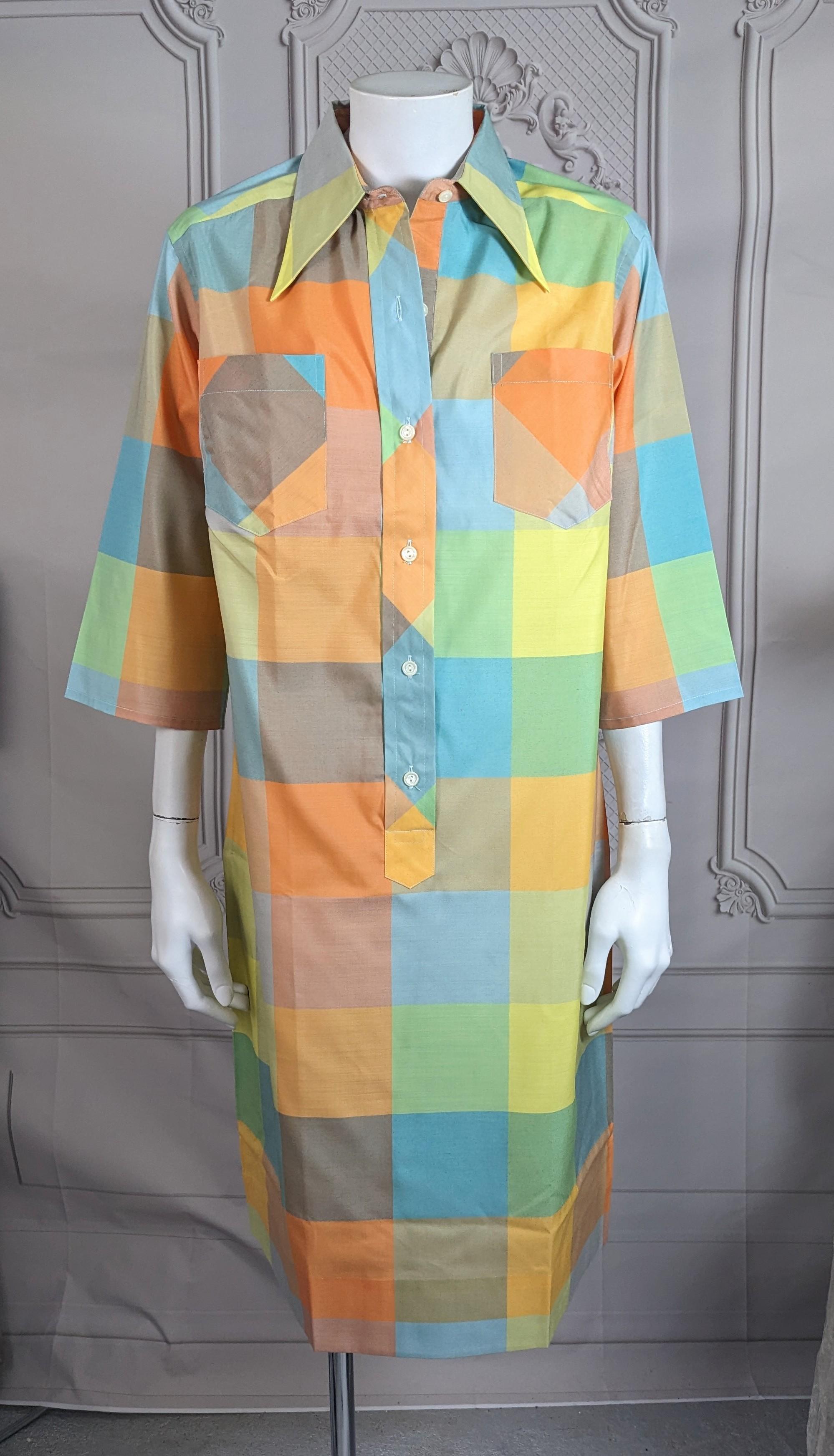 Beige Mid Century Plaid Silk Shirtwaist Dress For Sale