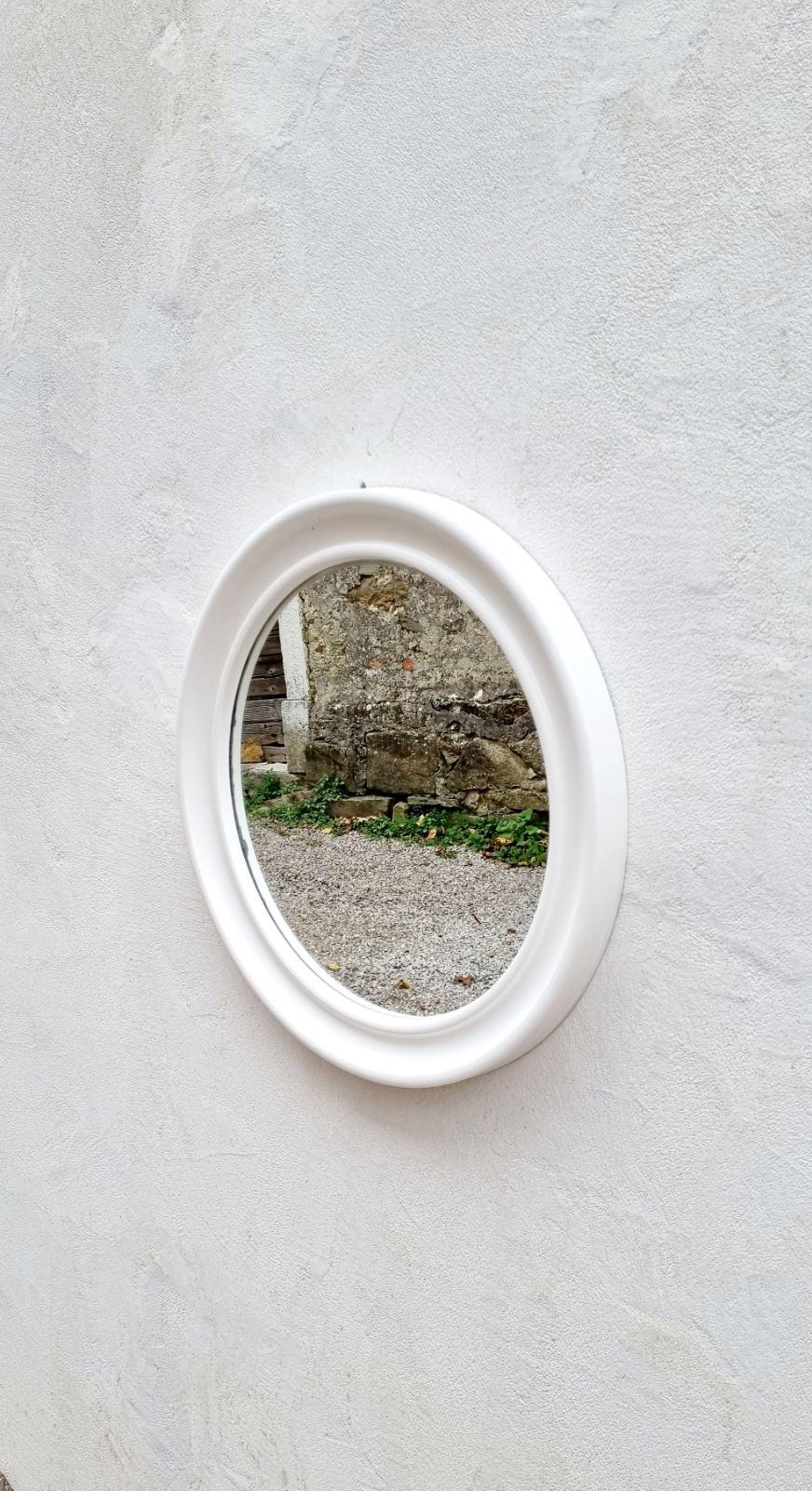 This white, plastic, round Mirror was made in '70s in Italy. By Carrara & Matta America Brevettato.
*It is labeled, as you can see from the photo.
Dimensions:
Diameter: 59 cm / 23.22 inches
Depth: 4 cm / 1.57 inches
This super retro mirror is made