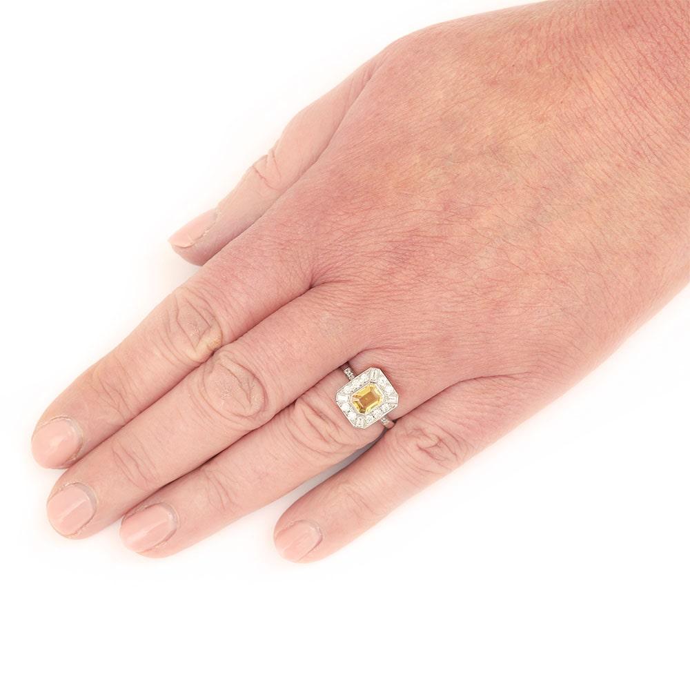 Art Deco Platinum 1.21ct Cut Yellow Sapphire and Diamond Cluster Ring