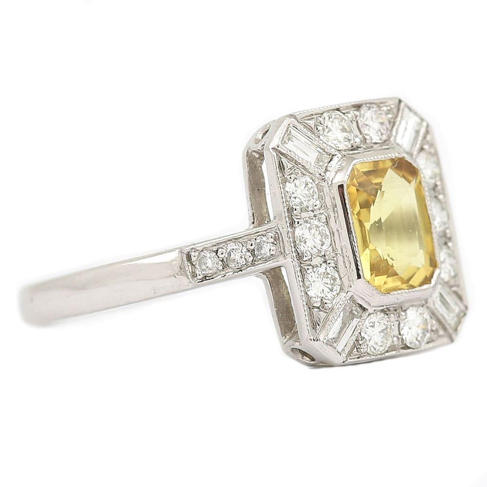 Mixed Cut Platinum 1.21ct Cut Yellow Sapphire and Diamond Cluster Ring