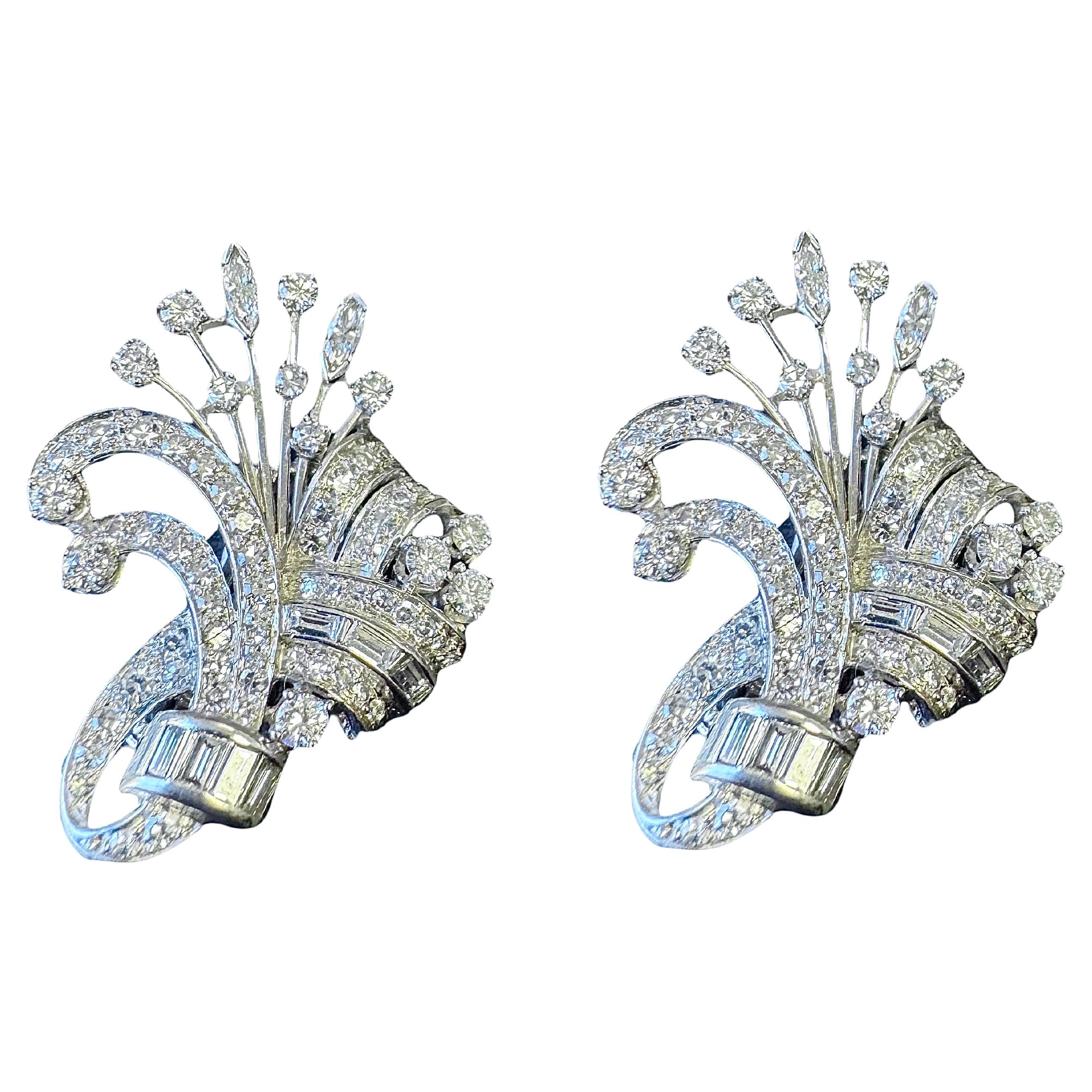 Pendientes Espray Floral de Platino y Diamantes de 14 quilates de mediados de siglo