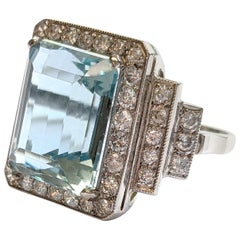Vintage Midcentury Platinum Aquamarine Ring with Diamonds