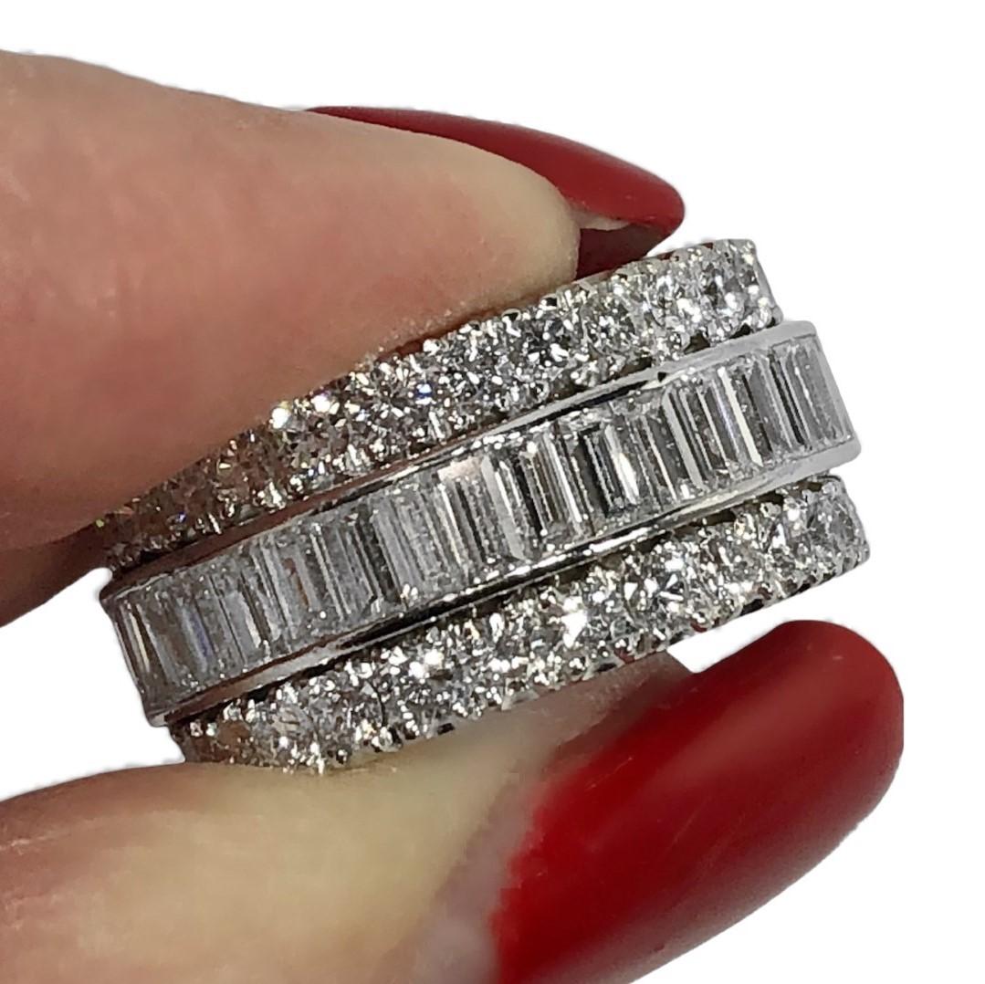 Mid Century Platinum 3 Row Eternity Band with Baguette & Round Diamonds In Excellent Condition For Sale In Palm Beach, FL