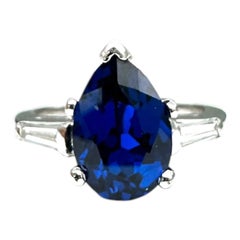 Mid Century Platinum 3-Stone 4.40ctw, AAA Lab-Sapphire and Baguette Diamond Ring