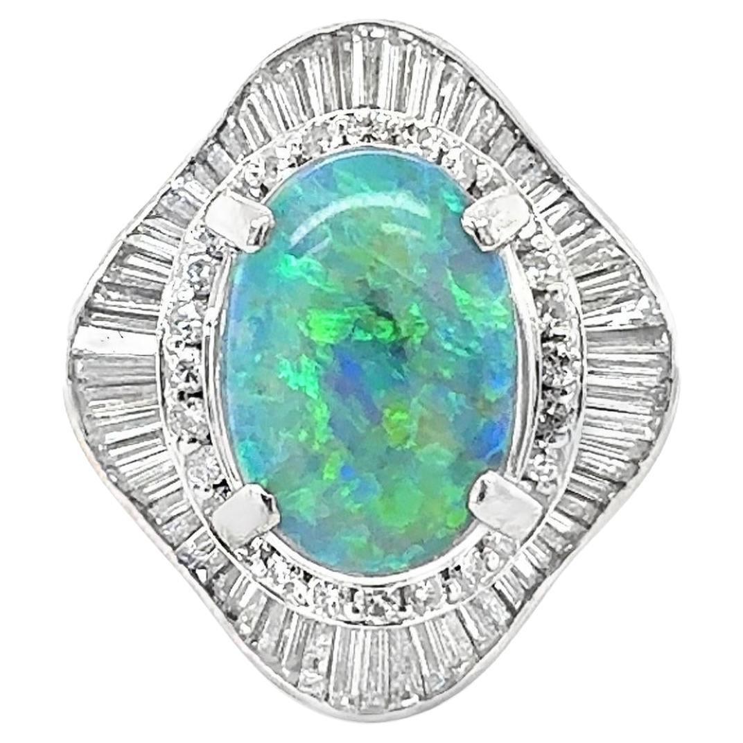 Mid-Century Platinum Black Opal and Diamond Ballerina Style Ring