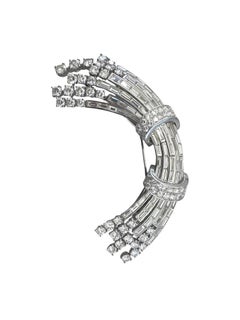 Mid-Century Platinum Brooch with Round Brilliant and Baguette Diamonds