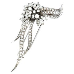 Mid-Century Platinum Diamond Brooch, 1950s Floral Spray Design