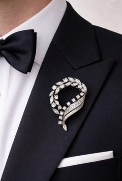 Mid-Century Platinum Diamond Brooch  5.00 CTW Marquise, Round & Baguette