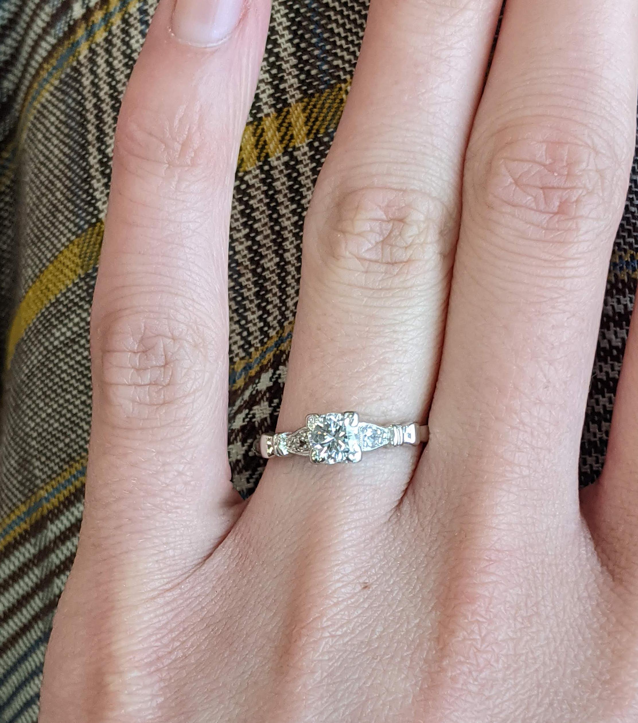 Modernist Midcentury Platinum Diamond Engraved Engagement Ring