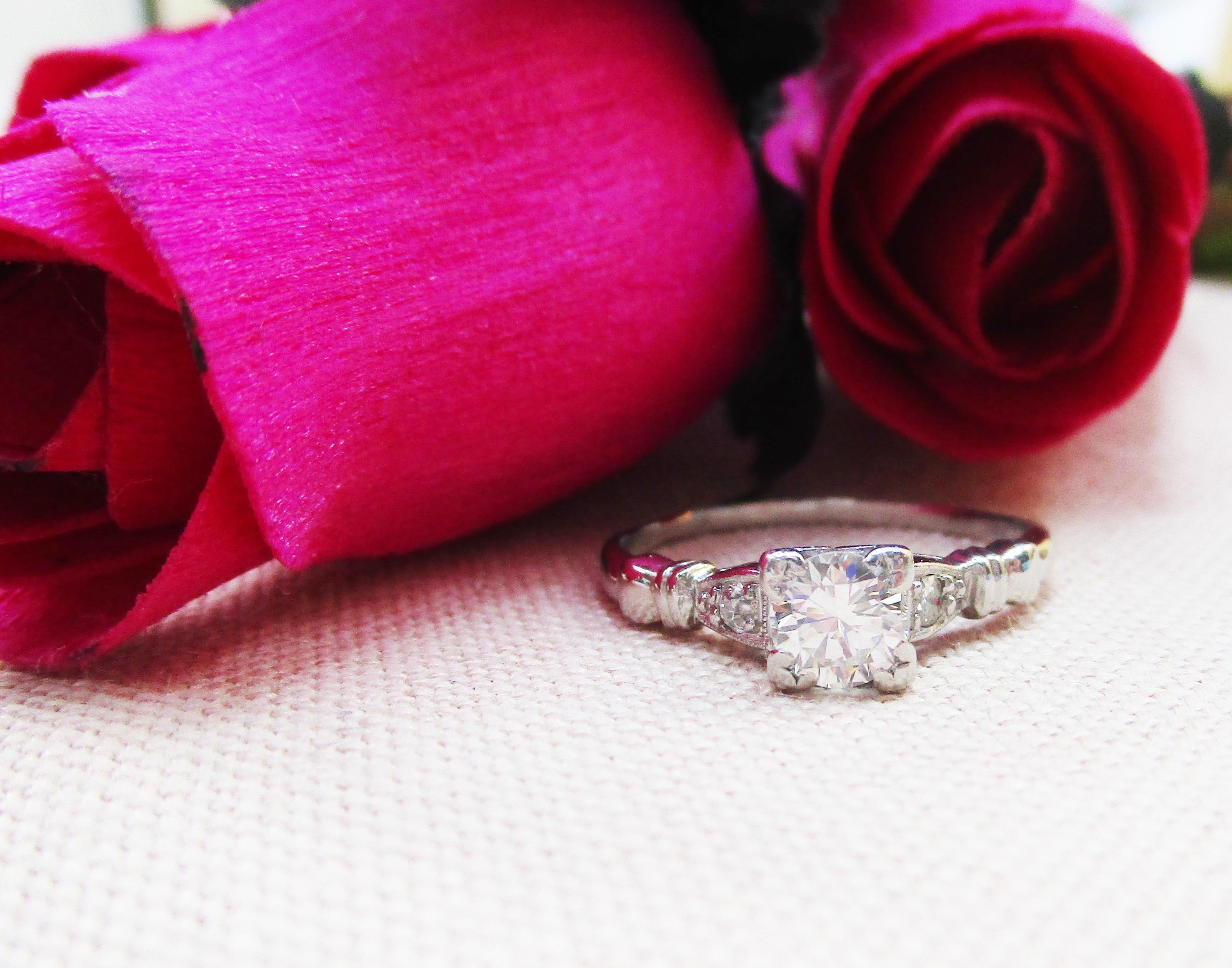 Round Cut Midcentury Platinum Diamond Engraved Engagement Ring
