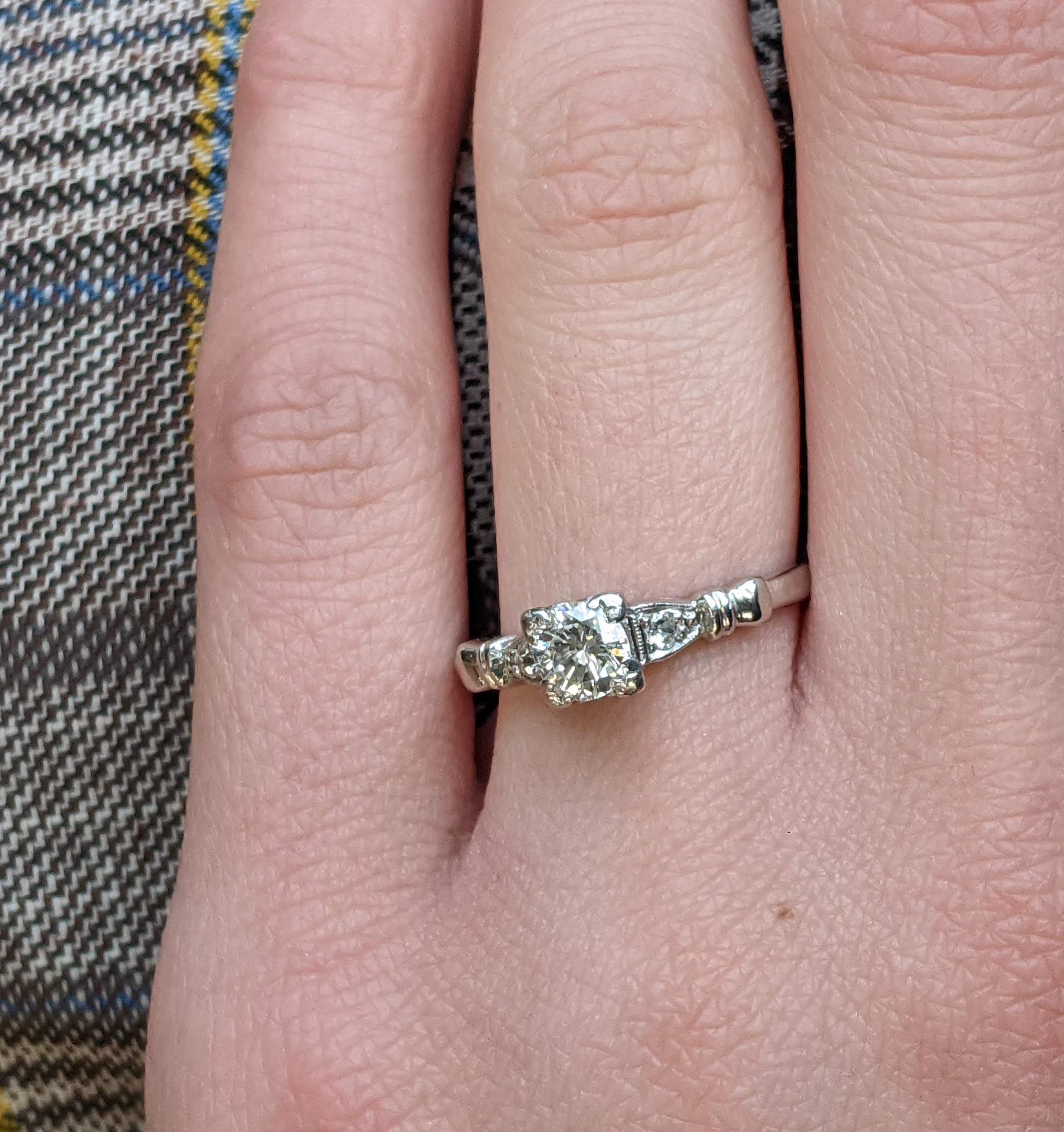Midcentury Platinum Diamond Engraved Engagement Ring In Excellent Condition In Lexington, KY