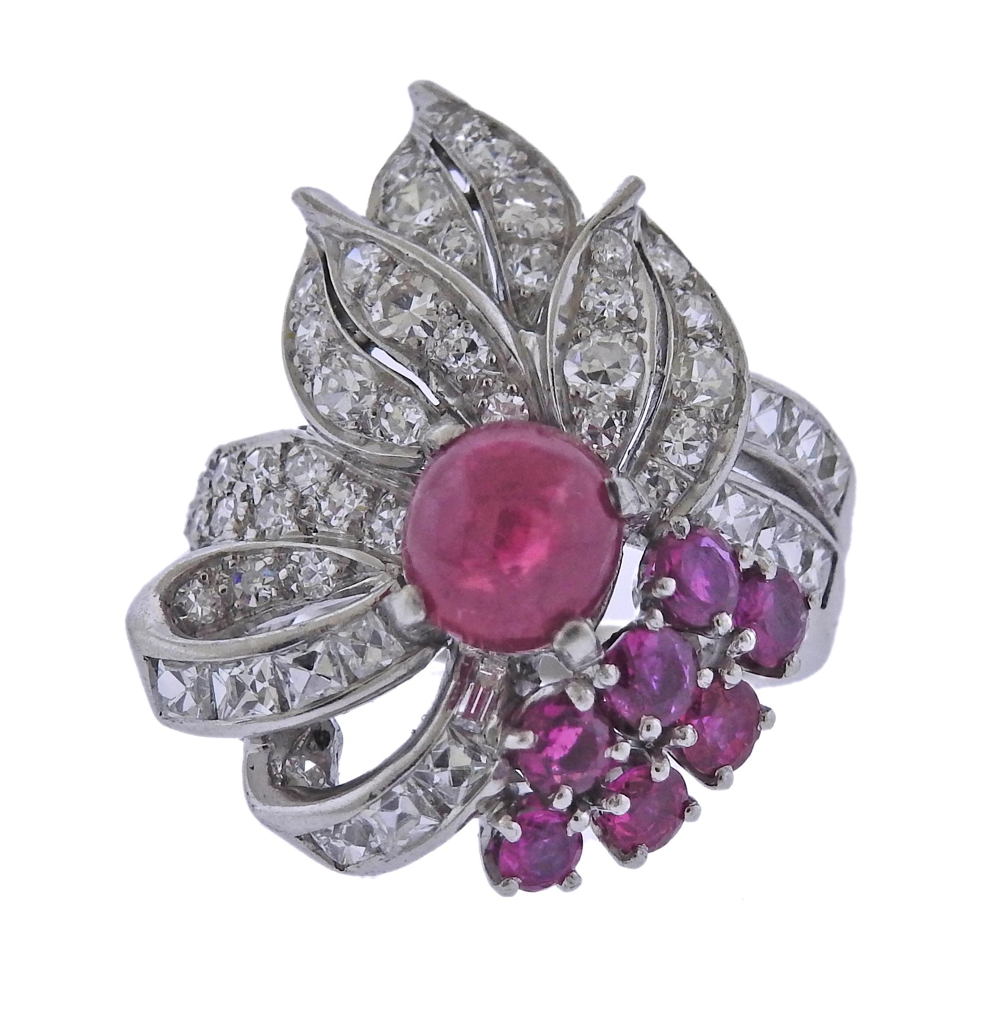 Cabochon Mid Century Platinum Diamond Ruby Cocktail Ring For Sale